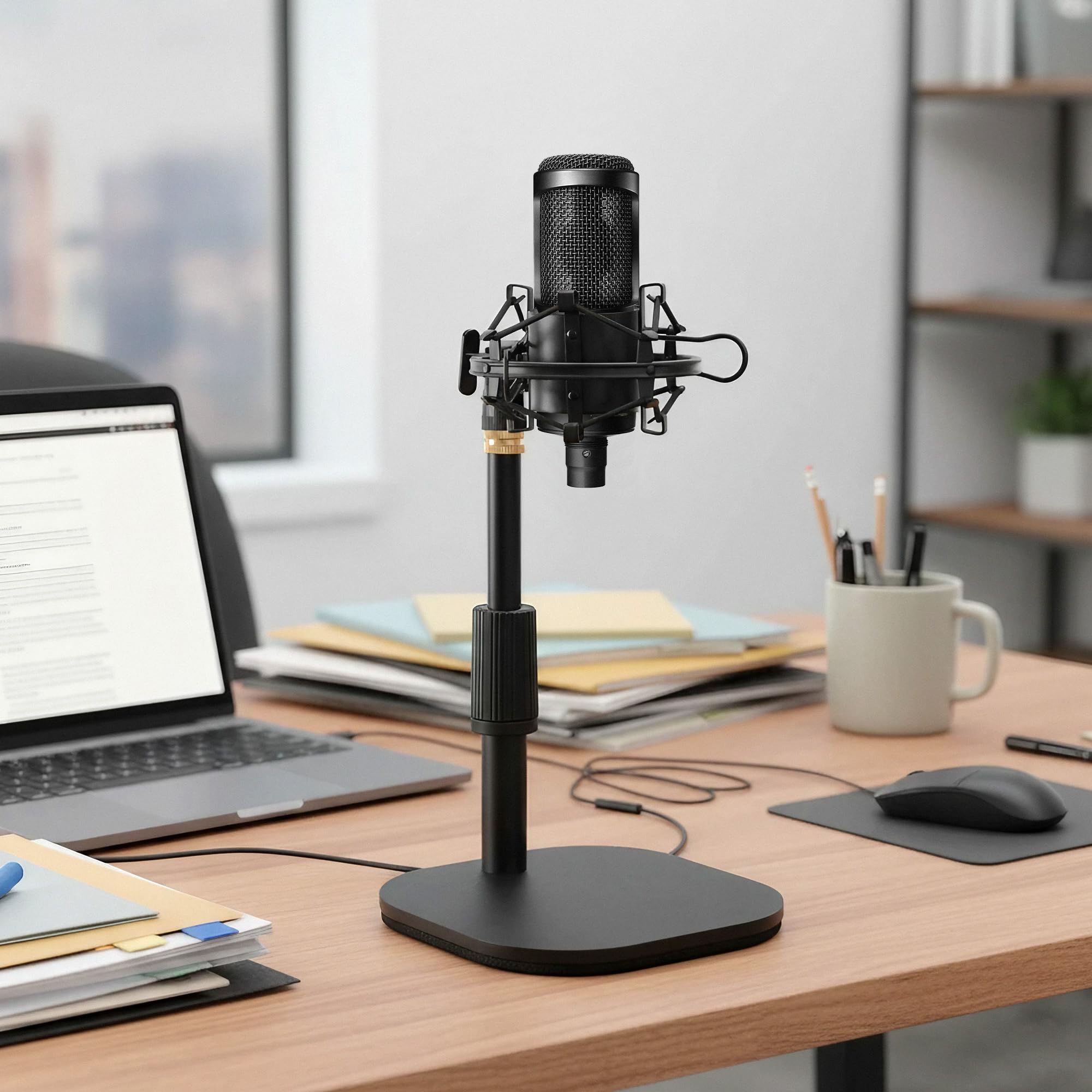 Geekria for Creators - Soporte telescópico para micrófono de mesa, soporte ajustable para micrófono de escritorio con base pesada, soporte de choque, clip de micrófono, compatible con ATH AT2020