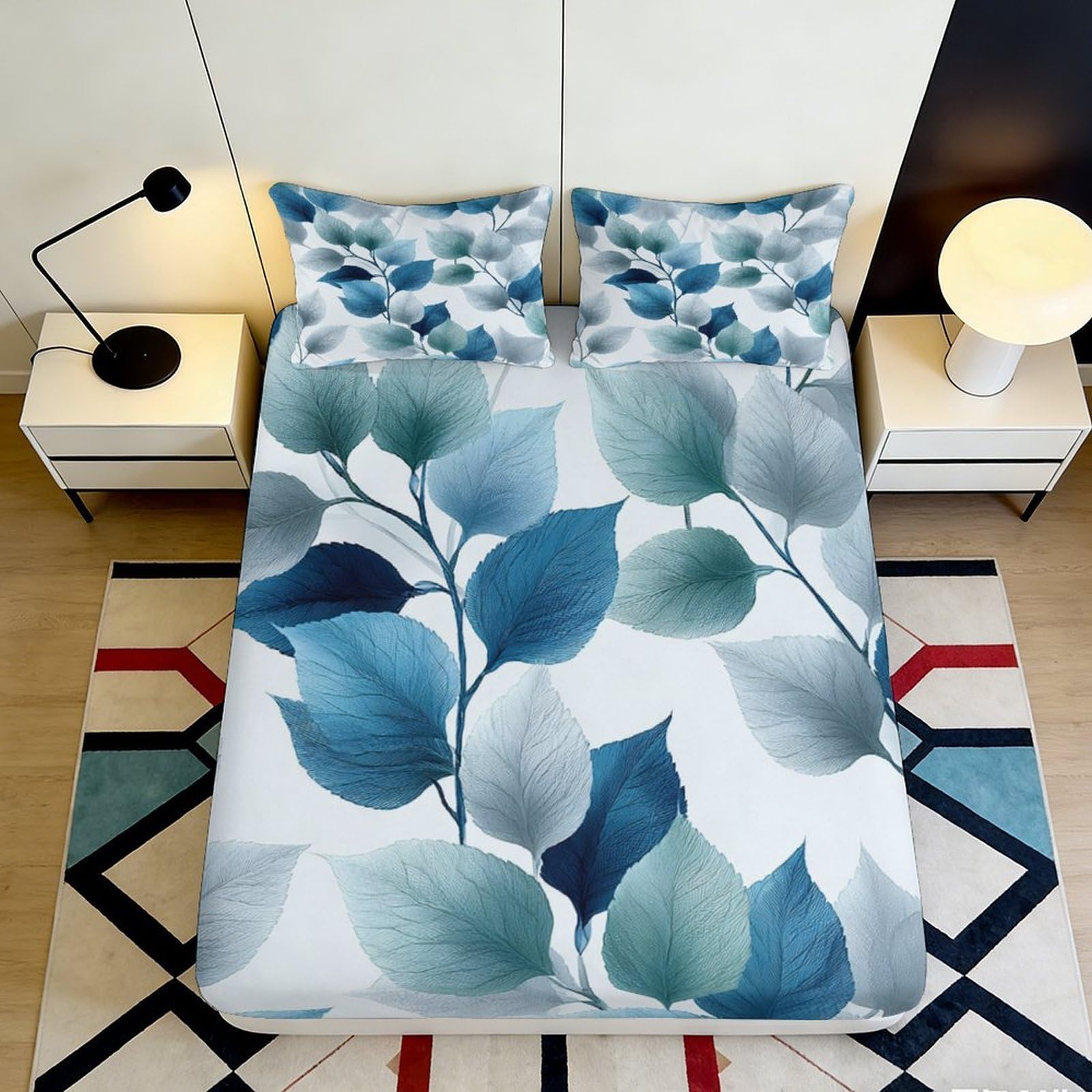 Pnayamiorkfel Style-4 3D Printed Blue Botanical Fitted Sheet Microfiber Anti-Slip Leaf Pattern Mattress Cover For Bedroom Guestroom Decor 90X200x25cm