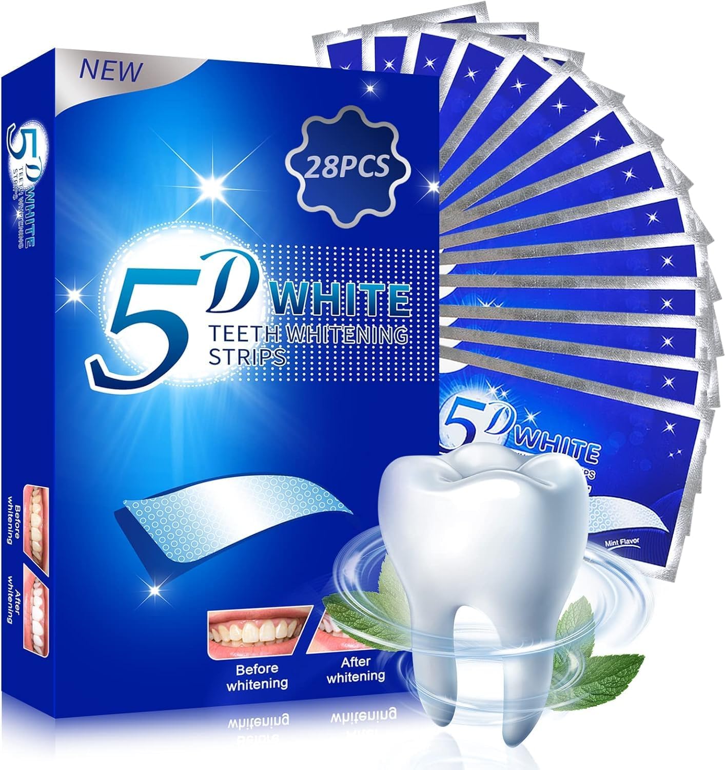 Teeth Whitening Strips, Effective Non-Sensitive Teeth Whitening Strips Home Use Tooth Whitening Kit Teeth Whitener Mint Flavour 14 Pouches 28 Strips