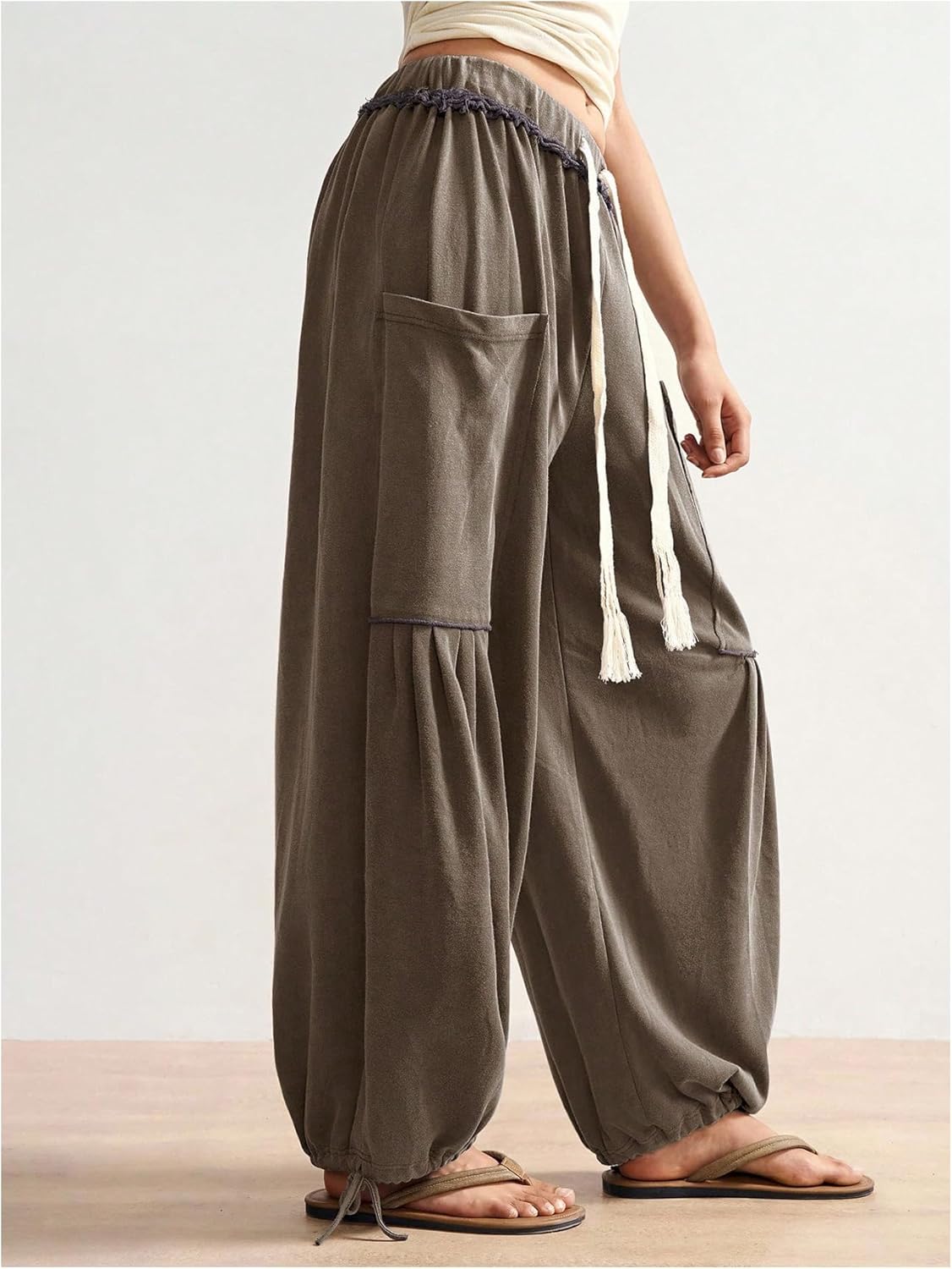 Women's Baggy Harem Pants Drawstring Waist Wide Leg Sweatpants Boho Casual Trousers Joggers with Pockets - Image 4