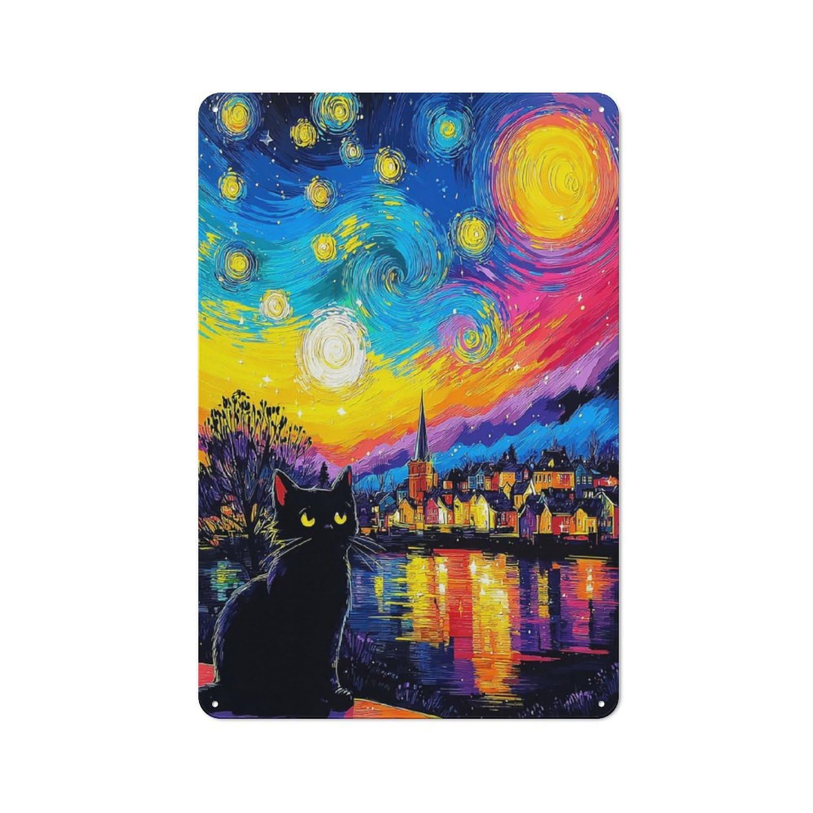 Junmoney Starry Night Cat Reflections -1 Tin Sign 30X20cm For Living Room Wall, Rustic Wall Decor, For Living Room Decor Lovers