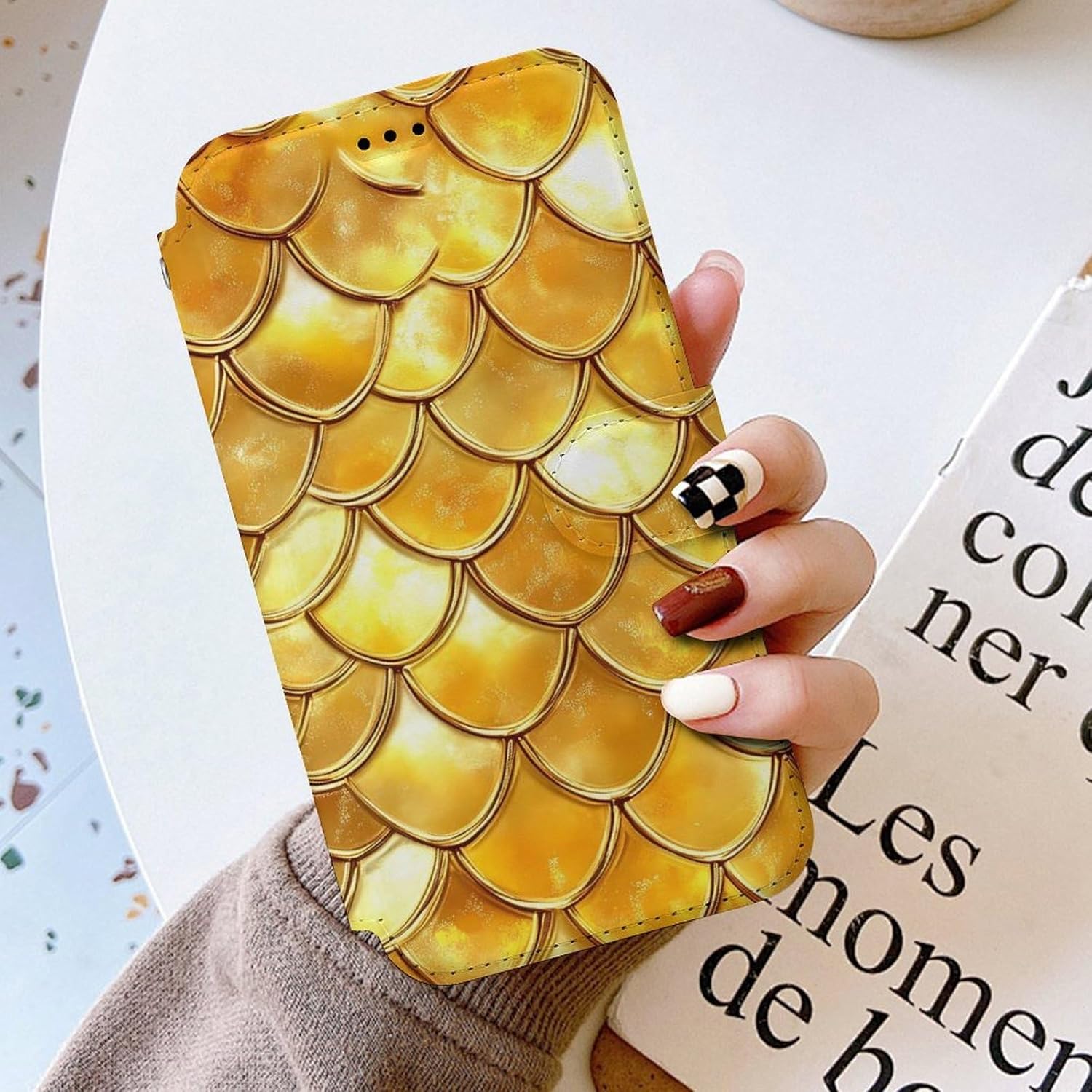 Golden Shiny Dragon Scale Compatible with iPhone 16/16 Plus/16 Pro/16 Pro Max/16 E Case Phone Wallet Card Holder Flip Cover with Wrist Strap