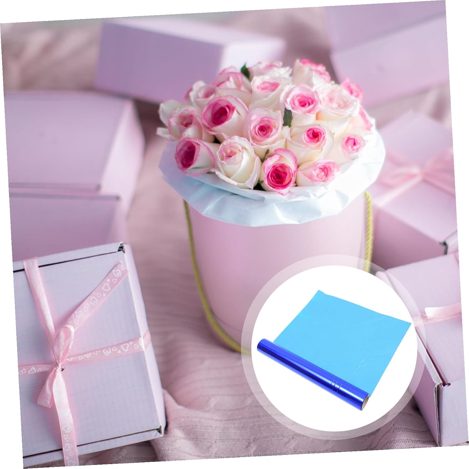 KOMBIUDA Blue Cellophane Wrapping Paper Roll Opp Material Floral Craft Packing Film for Flower Bouquets Basket Packaging Valentines Anniversary Christmas