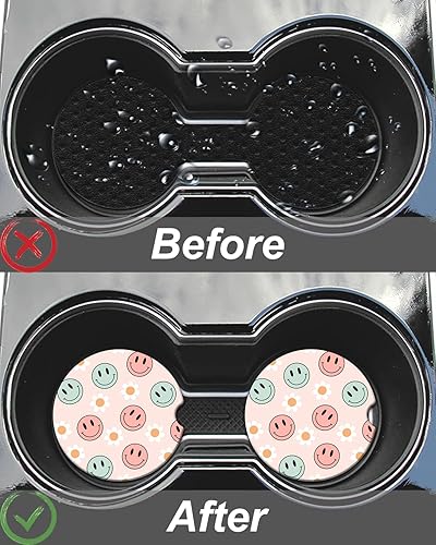 Miniatura 6 de 2 posavasos de cerámica para automóvil con caras coloridas y margaritas, accesorios estéticos retro de color rosa, bonitos posavasos para mujeres y