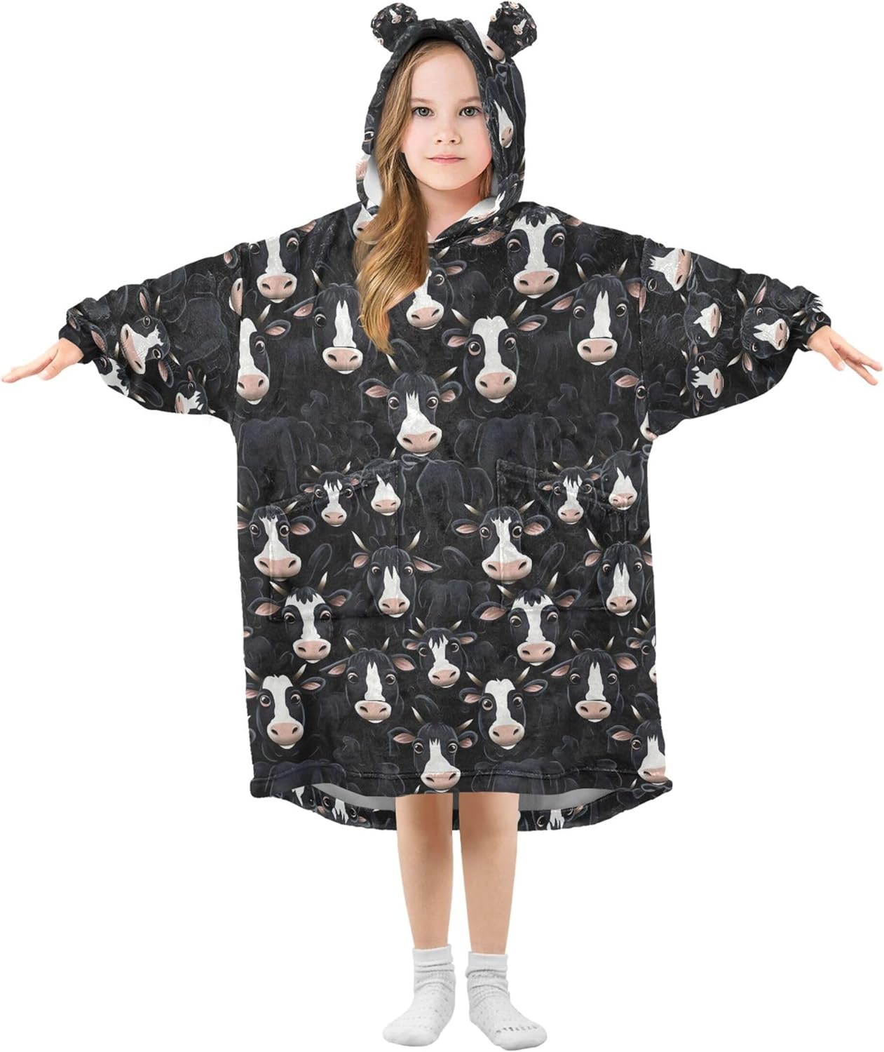 Cow Animal Kids Wearable Blanket Hoodie with Pocket and Sleeves for Toddlers, Cute Hoodies Girls Boys B0403732