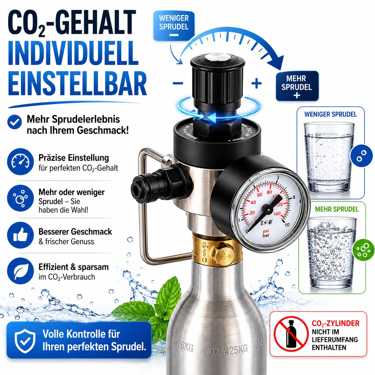 Reduktor ciśnienia CO2 do stosowania w handlu 425 g CO2 cylinder odpowiedni do systemu Quooker Cube – saturator do saturowania wody gazowanej