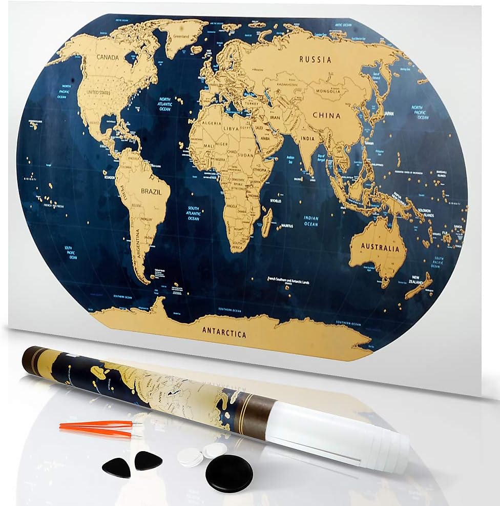 JACS Scratch Off Map of The World Poster with Detailed United States - Includes Travel Tube and Scratchable Accessories - 32 x 17.5 in