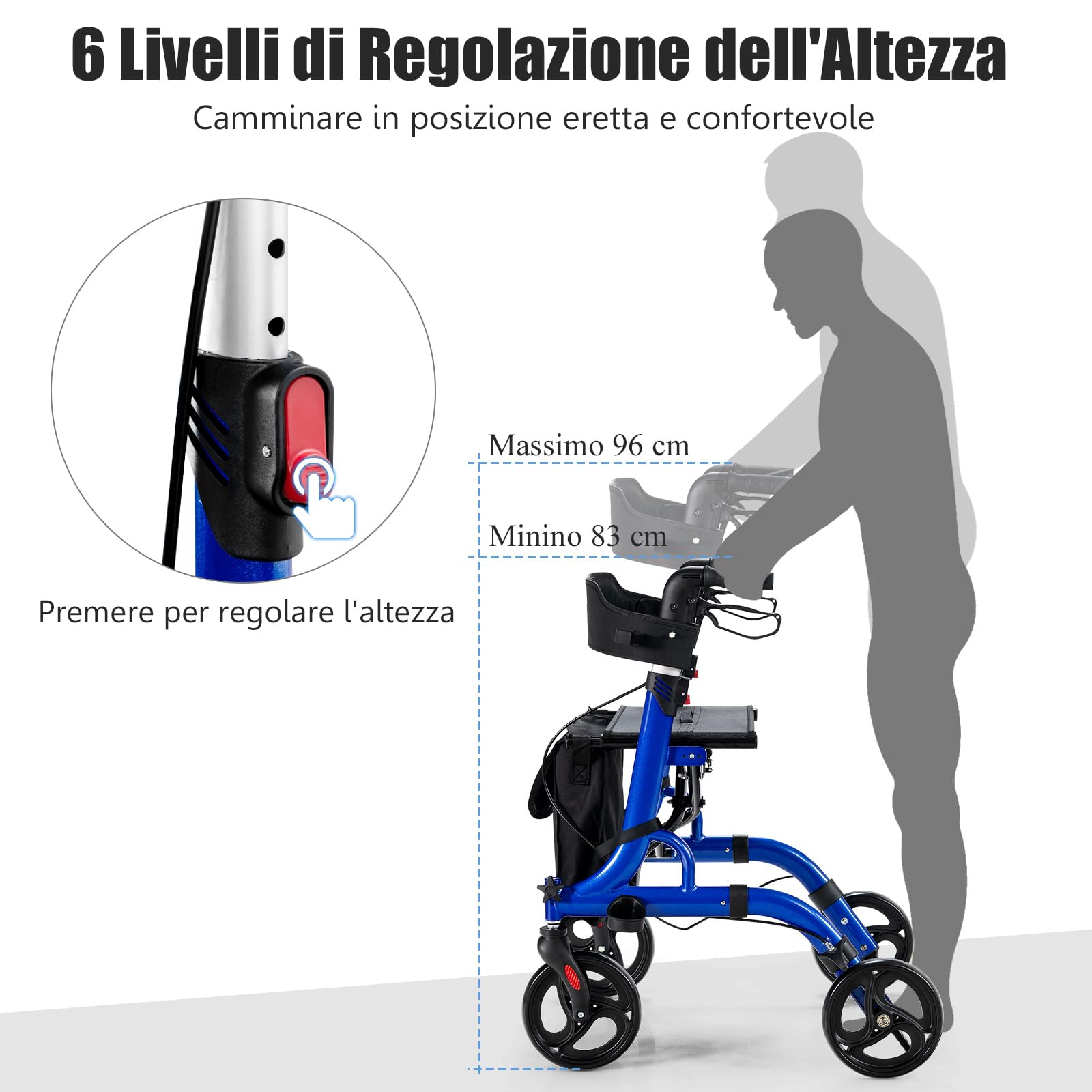 RELAX4LIFE Deambulatore per Anziani con 4 Ruote e Seduta, Portata Max 150KG, Deambulatore Pieghevole in Alluminio Ultraleggero con Dispositivo Frenante e Borsa alla Spesa (Blu, L)