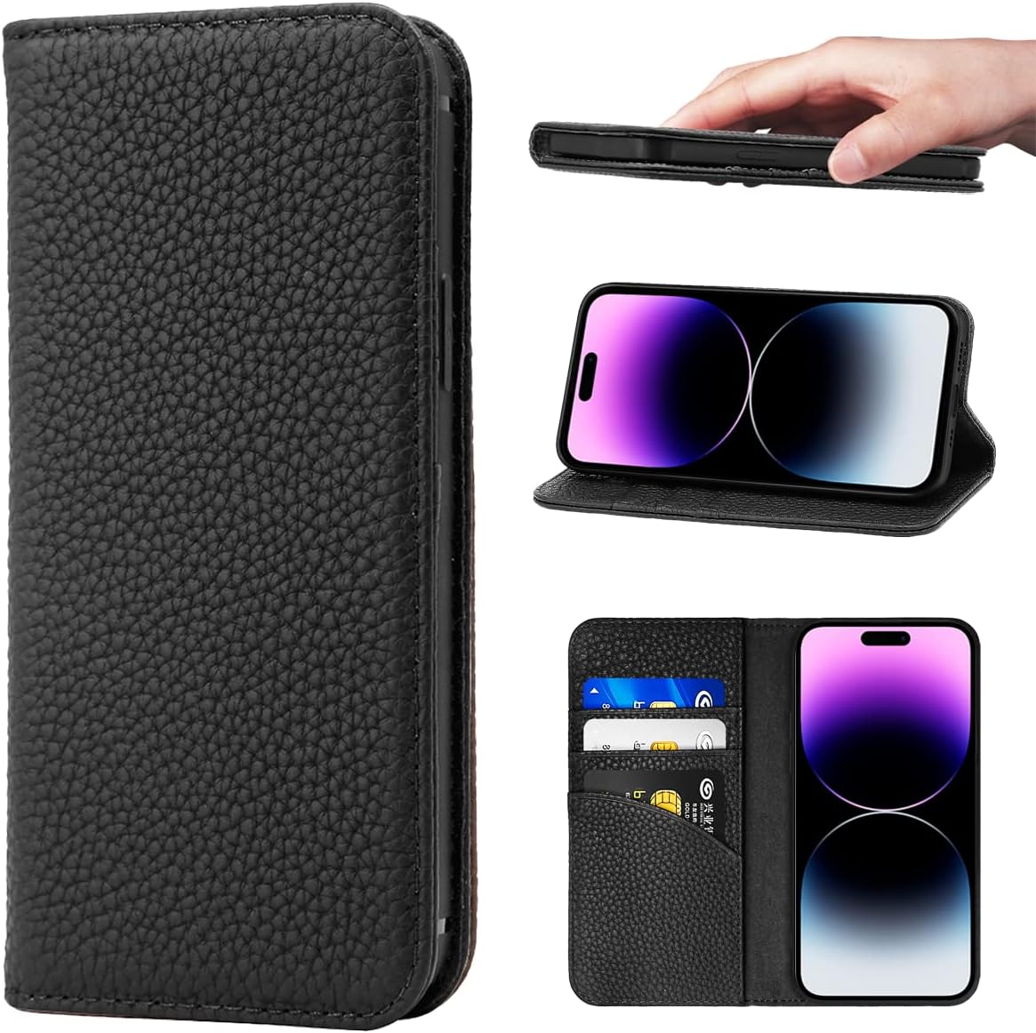 – iPhone 14 Pro Max Wallet Case Genuine Leather RFID Blocking Card Holder Flip Case Magnetic Closure Shockproof Flip Cover - Black