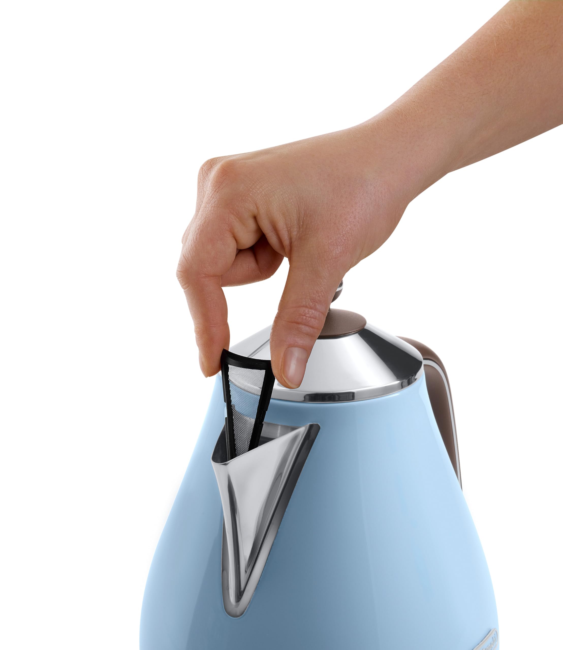 De'Longhi Czajnik elektryczny Icona Vintage KBOV2001.AZ – 1,7 l ze wskaźnikiem poziomu wody i podstawą 360°, stal szlachetna w eleganckim stylu retro z chromowanymi elementami, niebieski, 23 x 25 x 23