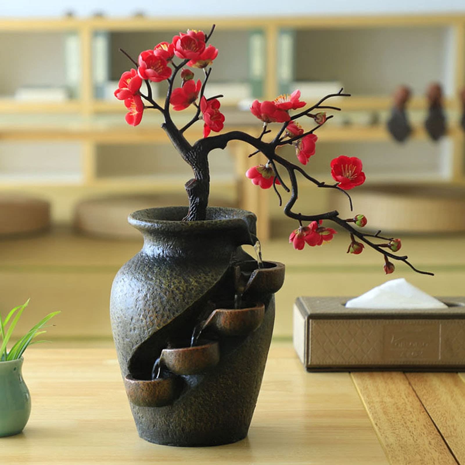 Fontana da Interno con Umidificatore Home Garden Interiors Decorative Water Fountains Flowing Cascata Simulazione Pianta Pianta Vaso Casa Feng Shui Ornamenti Resin Craft Ornamenti Decorazione del Des