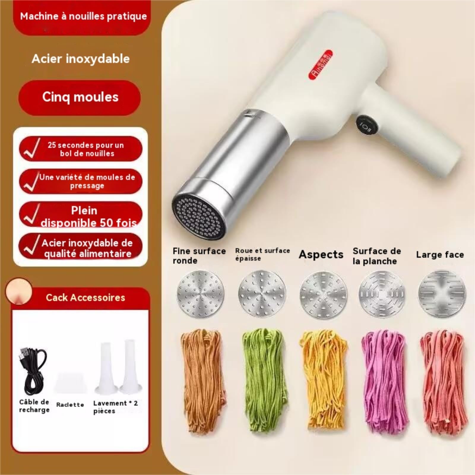 Machine A Pates Fraiche Electrique Portable, Presses À Pâtes Électriques,Machine A Pate Fraiche Avec 6 Accessoires, 40W Machine A Pate Électrique, Pour Spaghetti/Fettuccine（Bouche en acier inoxydable）