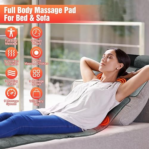 Miniatura 3 de Alfombrilla de masaje con calor, almohadilla de masaje de vibración de cuerpo completo con masajeador de cuello desmontable, almohada lumbar, 10