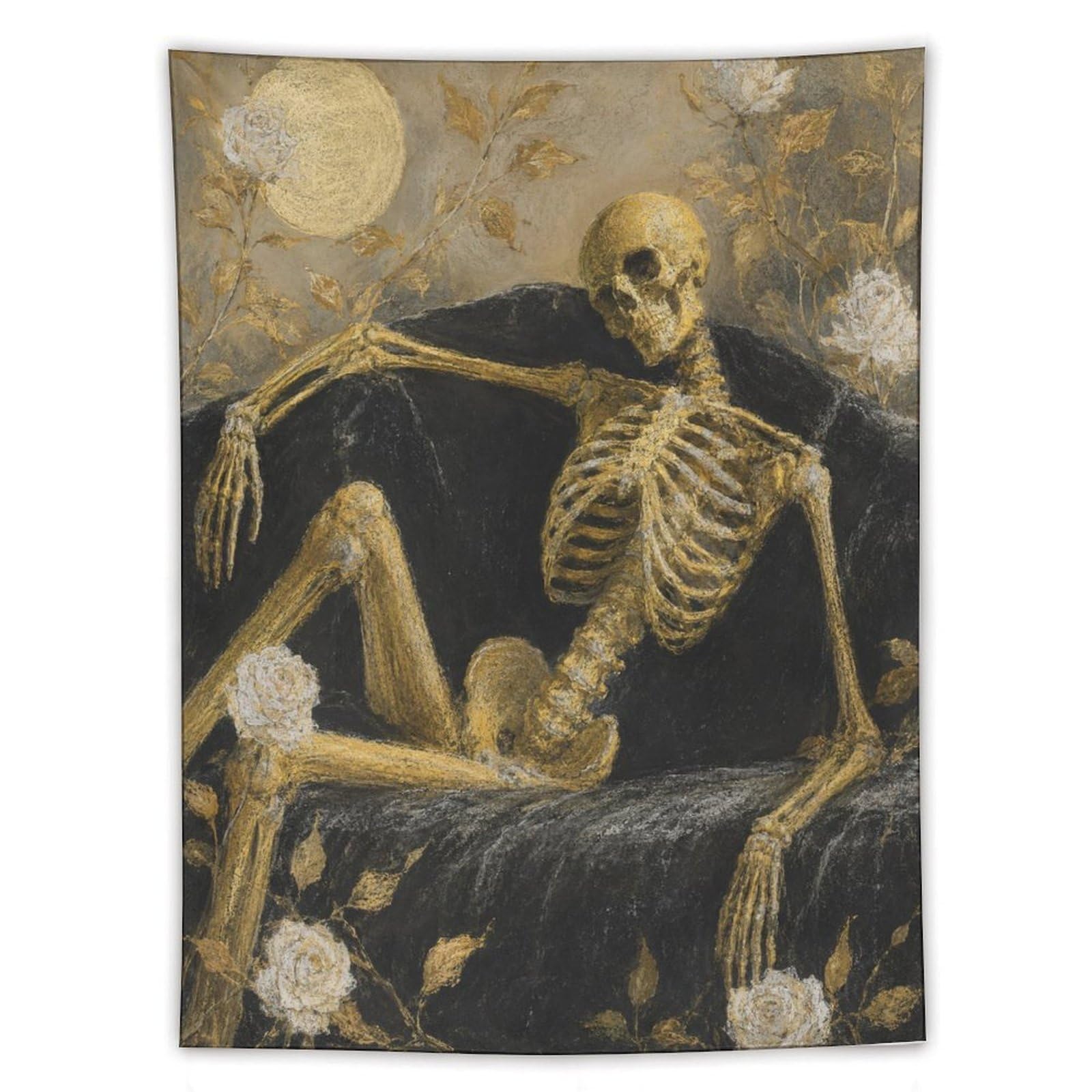 H3B8U2Y5 Skeleton in Coffin Wall Tapestry, Fantasy Illustration, Bedroom