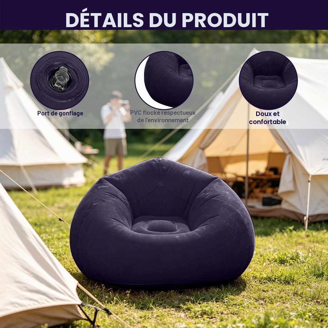 Air Sofa Lazy - No Bean Bag - Canapé gonflable - Lavable - Pour salon, chambre à coucher - Pouf super doux - Bleu