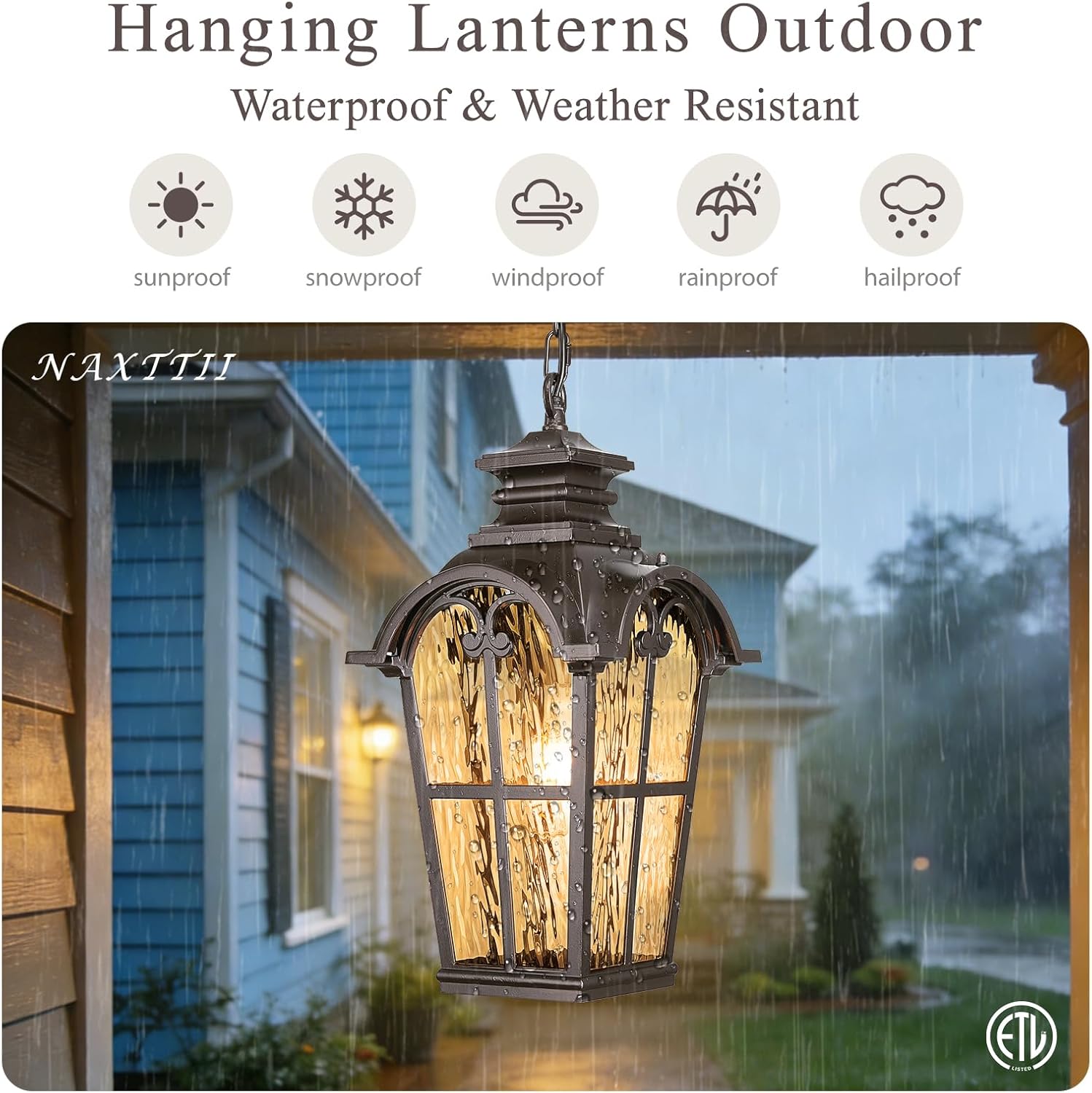 18.5 Inch Large Outdoor Pendant Lights Waterproof Aluminum Hanging Lantern Light with Water Ripple Glass Oil Rubbed Bronze Outdoor Chandelier for Porch Yard Gazebo