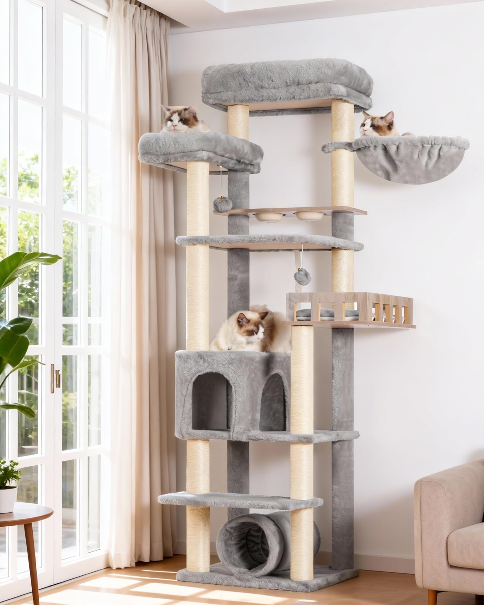 Gitelsnour Arbre à Chat avec Station d’Alimentation et Plateforme en Bois, Arbre de 167 cm avec Tunnel et Niche pour Chat, 11 poteaux à griffer en sisal, Plateforme supérieure, Gris Clair GCT021W