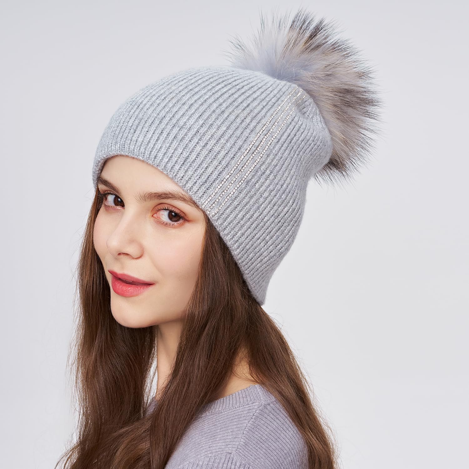 Women's Knitted Angora Wool Hat for Autumn and Winter Warm and Stylish with Rolled Brim and Slanted Rhinestones Cap