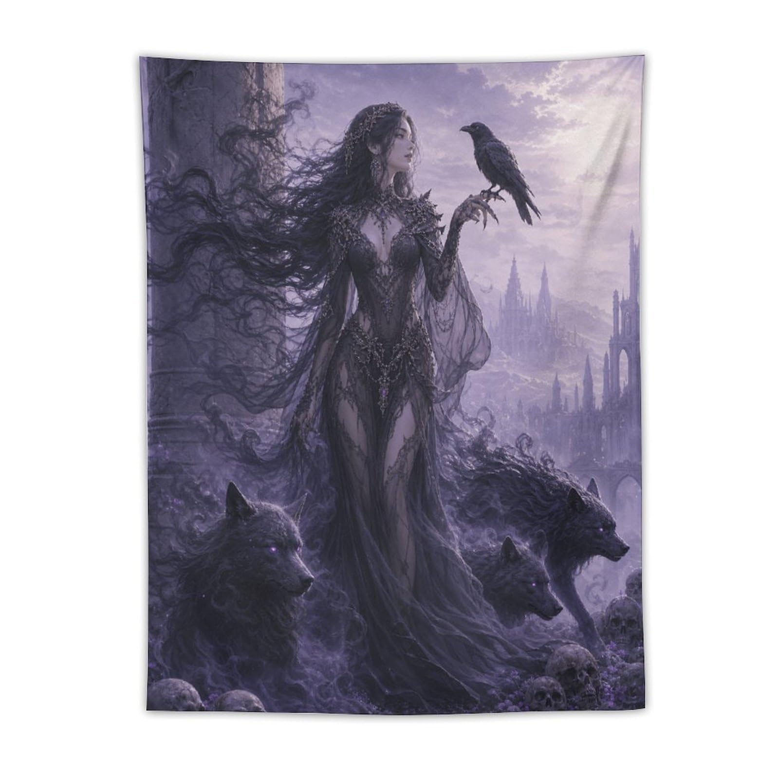 W7C8U2X3 Raven Witch with Wolf Wall Tapestry, Fantasy Illustration, Bedroom