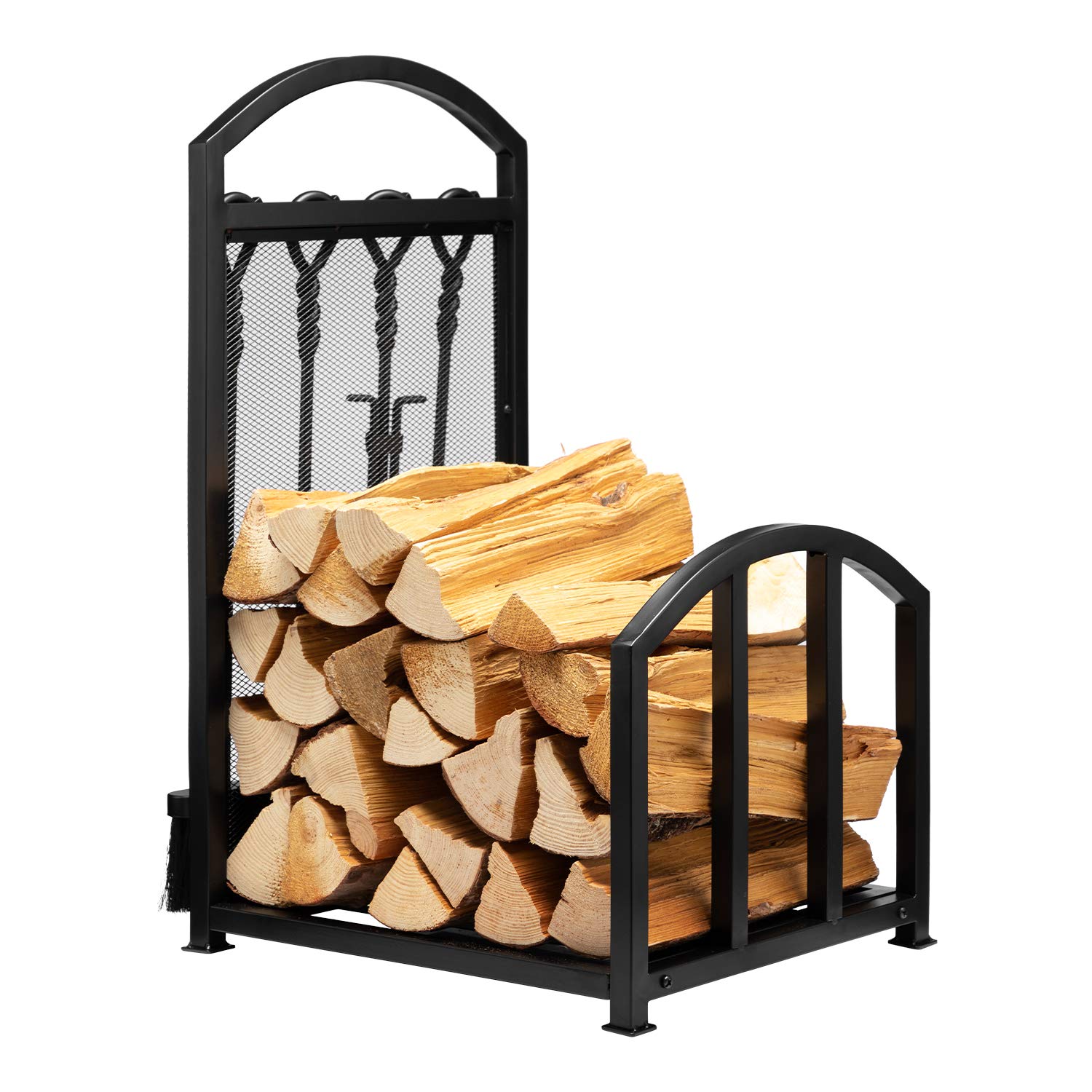 DOEWORKS Outdoor Indoor Log Rack Storage With 4 Firepit Tools Set, Heavy Duty iron Log Holder Fireside Firewood Storage,43x38x68cm