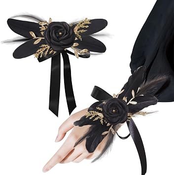 Vijiv Adjustable Feather Wrist Corsage for Weddings Bouquet & Prom Luxury | Elegant Bridal Wristlet Accessory Black | Handmade Vintage Design with Ribbon Closure for Bride, Bridesmaid, Homecoming