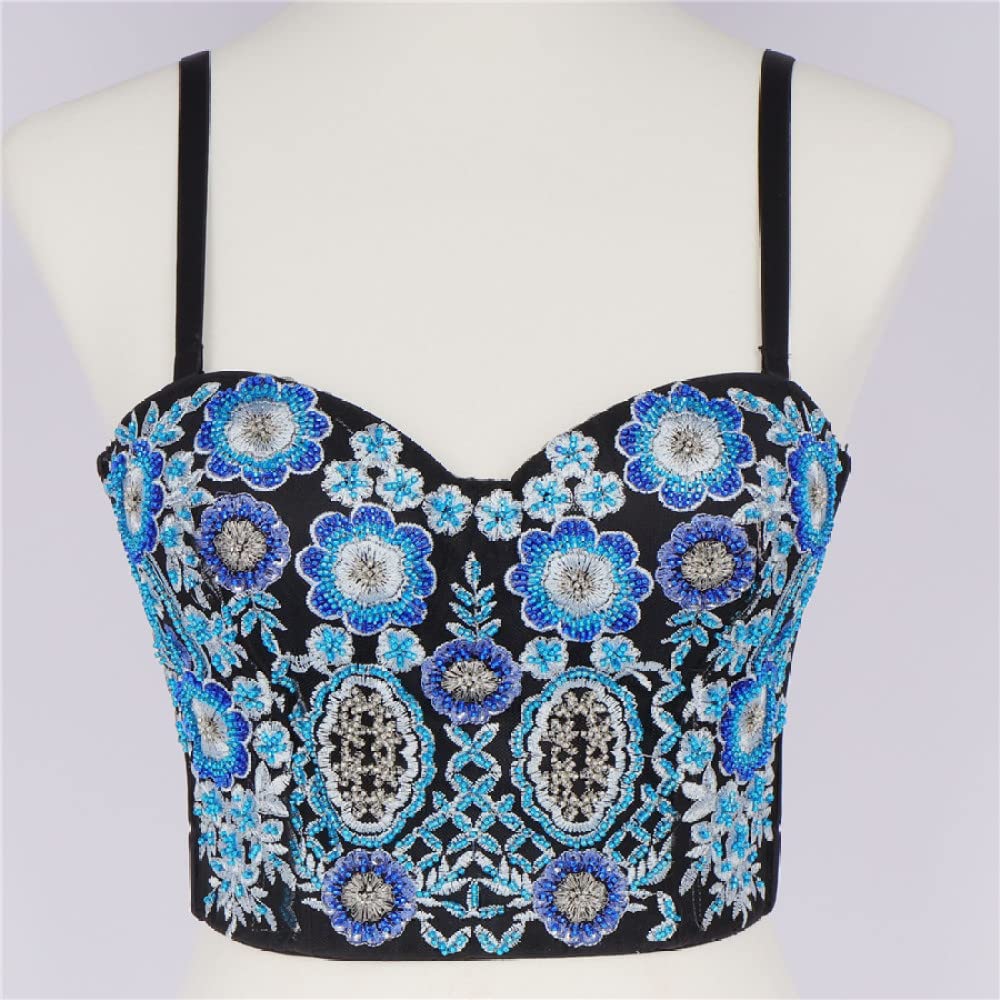 YSGE Corpetto Donna Sexy,Corsetti Sexy da Donna Classico Fiore Blu Ricamo Perline Estate Spalline Sottili Bustier Corsetto Top Push Up Crop Top Canotta Senza Schienale Gilet per Clubwear Party
