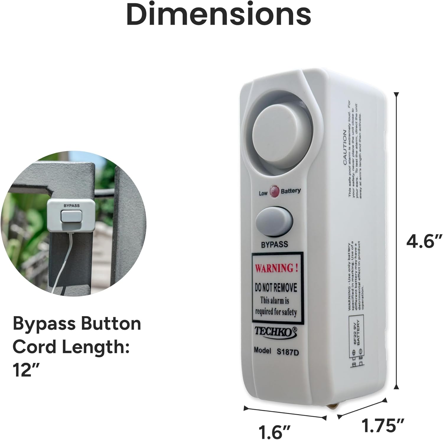 Diagram showing the dimensions of the Techko S187D Safe Pool Alarm unit and the bypass button cord length.