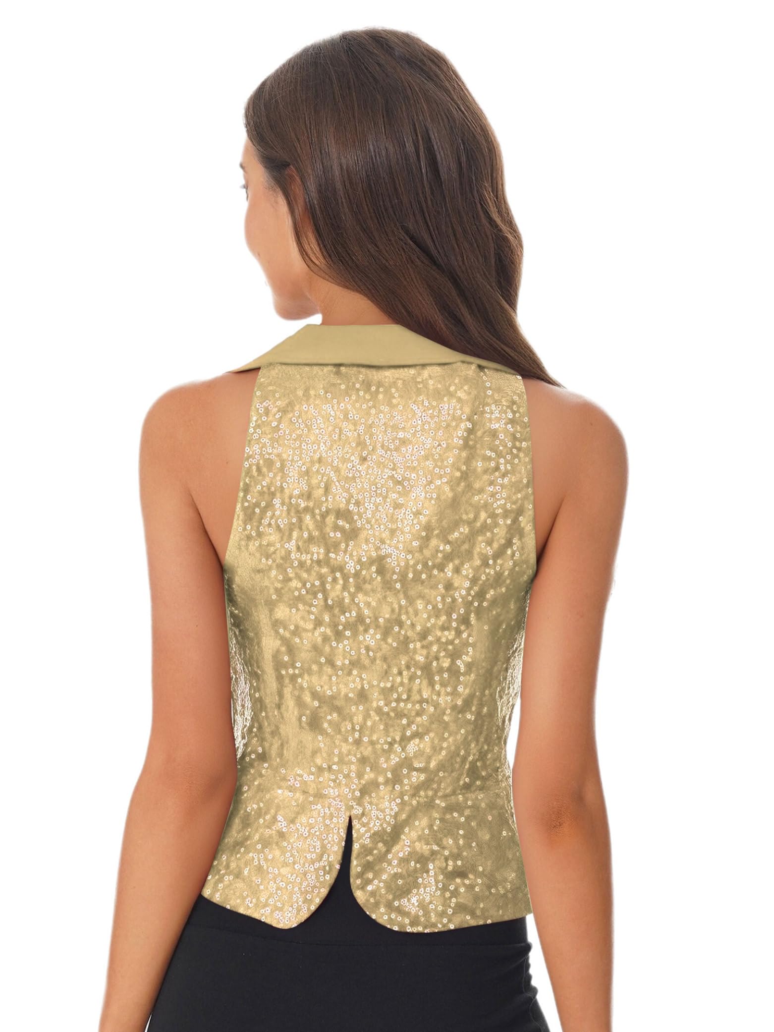 Jugaoge Chaleco brillante para mujer, chaleco festivo con lentejuelas, corte ajustado, cuello en V, blusa profunda, blusa en V, uniforme de camarero, ropa exterior, discoteca, bar, danza