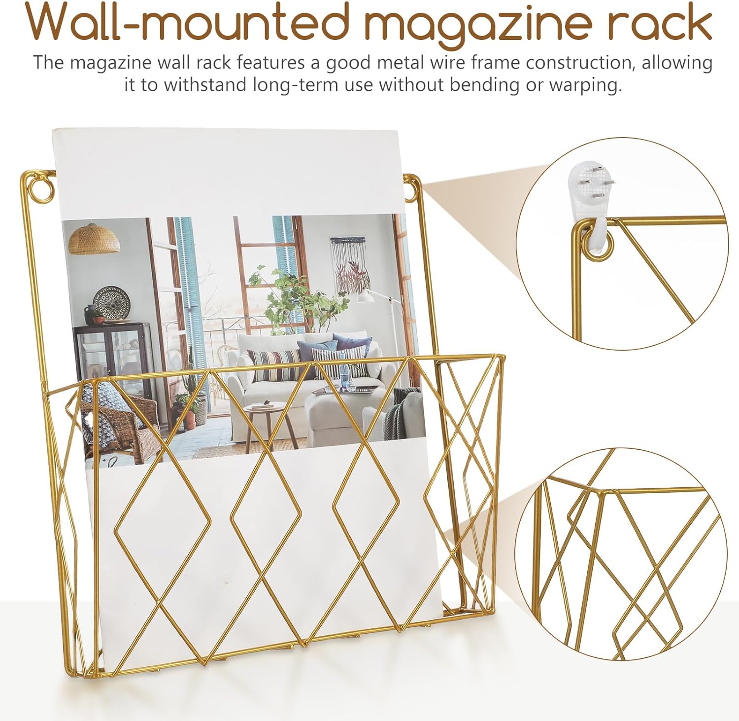 Beavorty Wall Bookshelf Wall Files Holder Iron Hanging Magazine Holder Files Rack Wire Mail Organizer File Holder for Files Newspapers Magazines Books Document Golden Mount Bookshelf