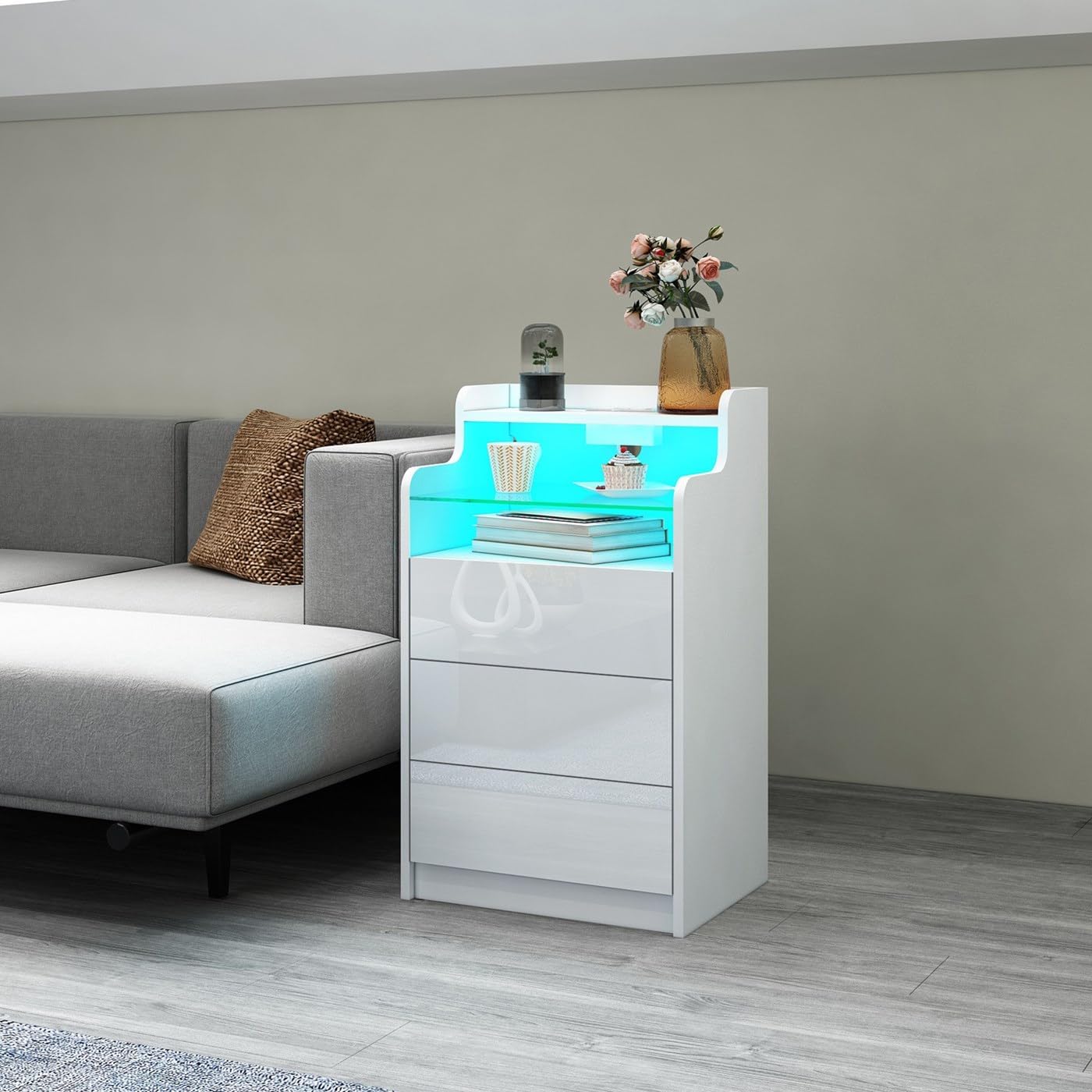 Bedside Table with Socket and Charging Station High Gloss White Bedside Table with LED Light 3 Drawers 2 Compartments 2 AC Sockets 2 USB Ports Sofa Table for Living Room Bedroom 45 x 35 x 76 cm