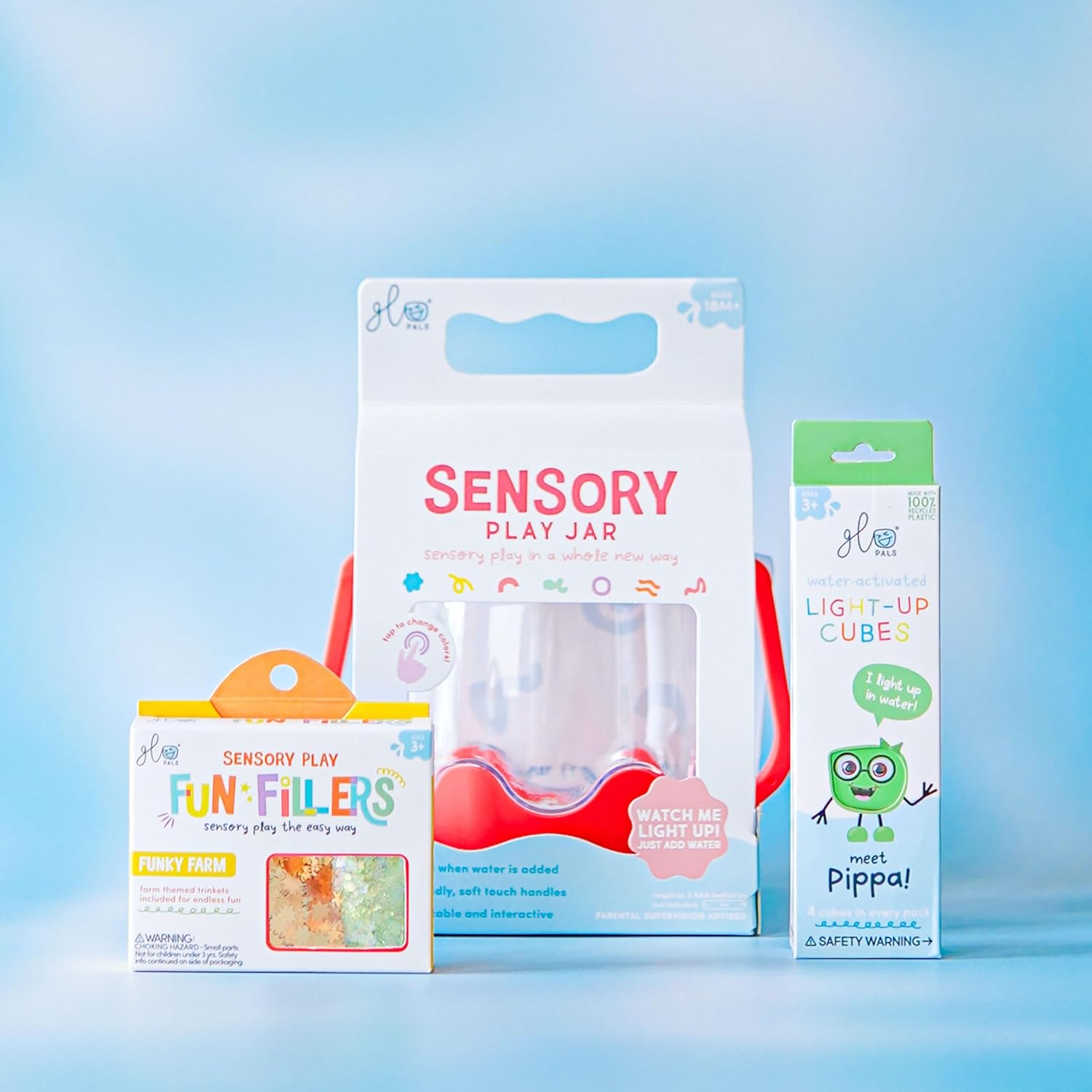 Glo Pals Play Pack Bundle with Sensory Play Jar, Water-Activated Light-Up Cubes, and Fun Fillers - Sensory Toys for Toddlers - Sensory Toy Kit with Light Up Cubes for Bathtub - Barnyard Blast