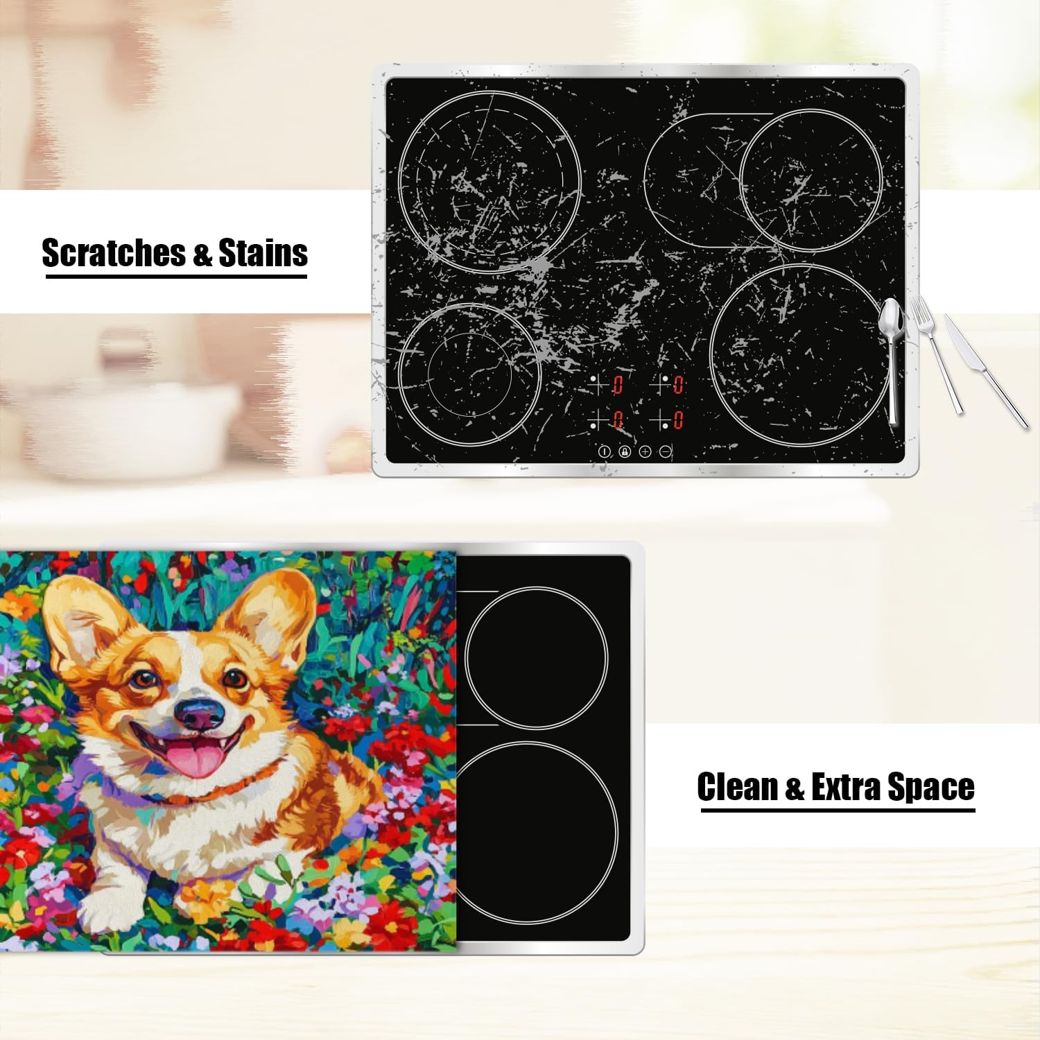 Silicone Stove Mat for Glass Top Stove, Smiling Corgi Lying In Flower Garden Electric Stove Cover Mat, 28 x 20 Inch Heat - Resistant Gas Gtove Burner Covers Glass Stove Top Protector
