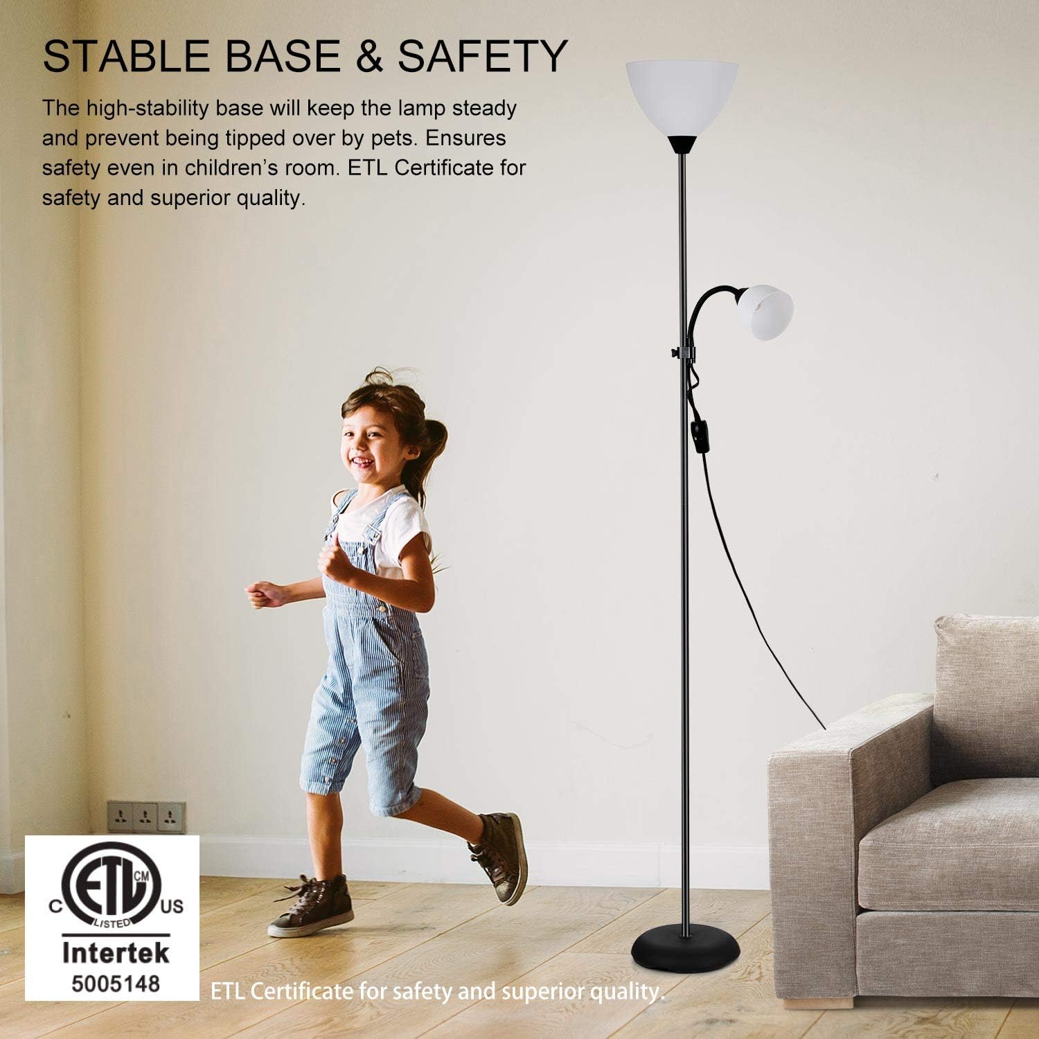 Torchiere Floor Lamp with Adjustable Side Reading Lamp, Consciot Mother-Daughter Floor Lamp, E26+E12 Socket, 71.25’’ Tall Standing Lamp, ETL Certified (Bulbs Not Included)