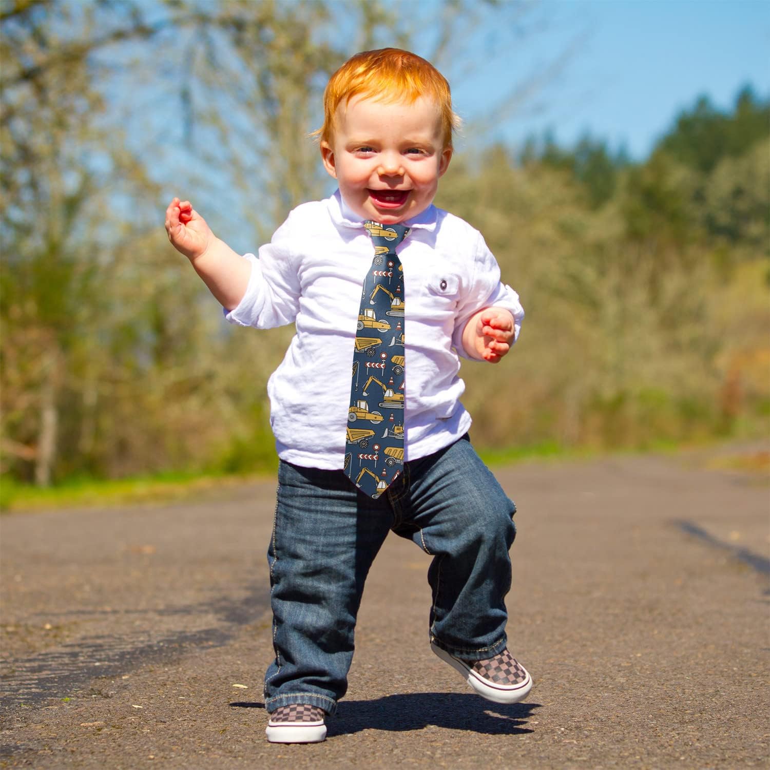 Toddler Size (Construction Cars) Pre-Tied Adjustable Novelty Necktie, Fashion Conversational Neck Strap Ties for Boys and Children, for Wedding Parties Events