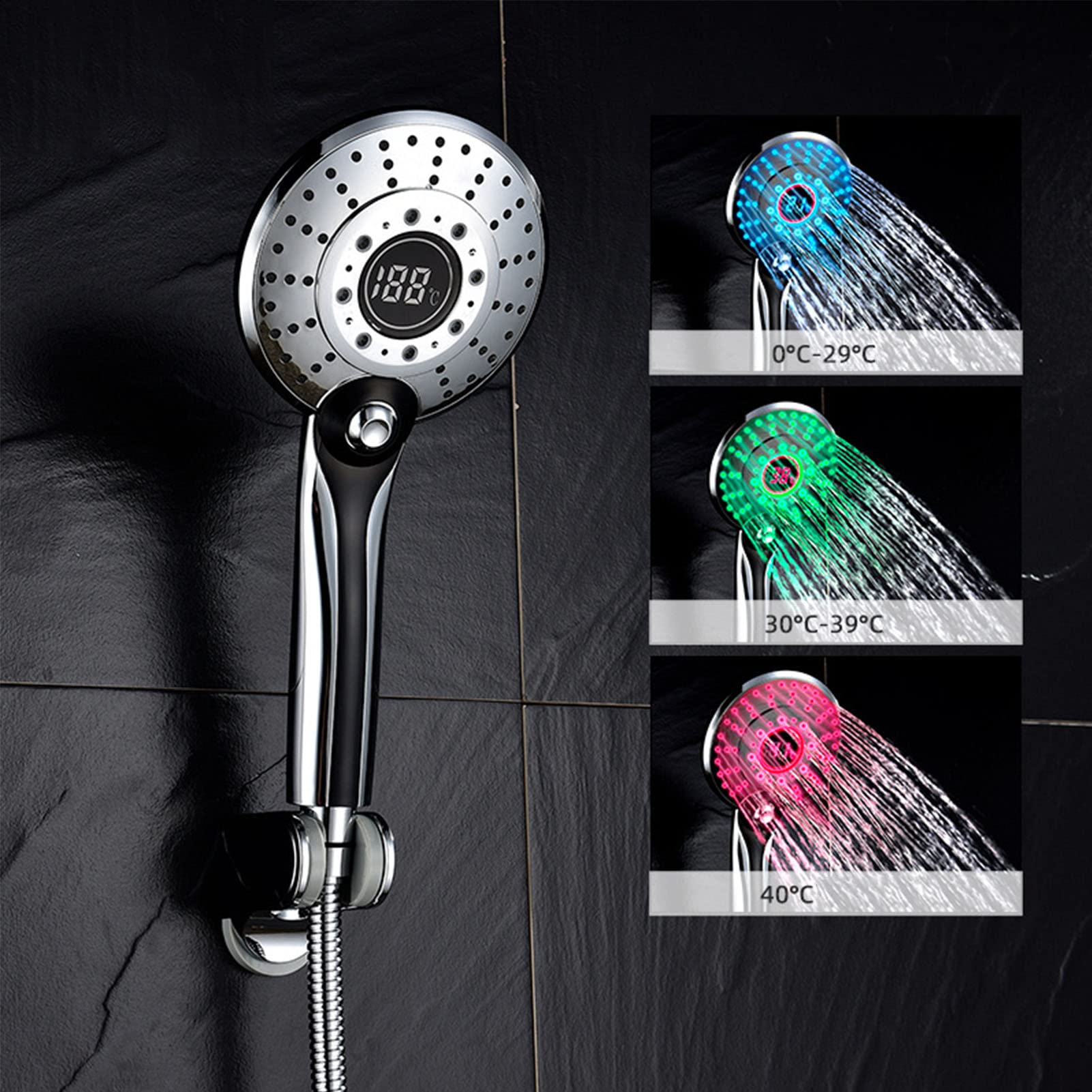 Ducha de mano LED, Ducha de mano de lujo de 3 posiciones, sensor de temperatura que cambia de color, ducha de mano de ABS con manguera, cromo