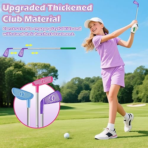 Miniatura 5 de Juego de golf para niños con dinosaurio de retorno automático de golf, bolas de golf nocturnas con luz LED, 3 palos, alfombra de putt, 3-8 juegos de