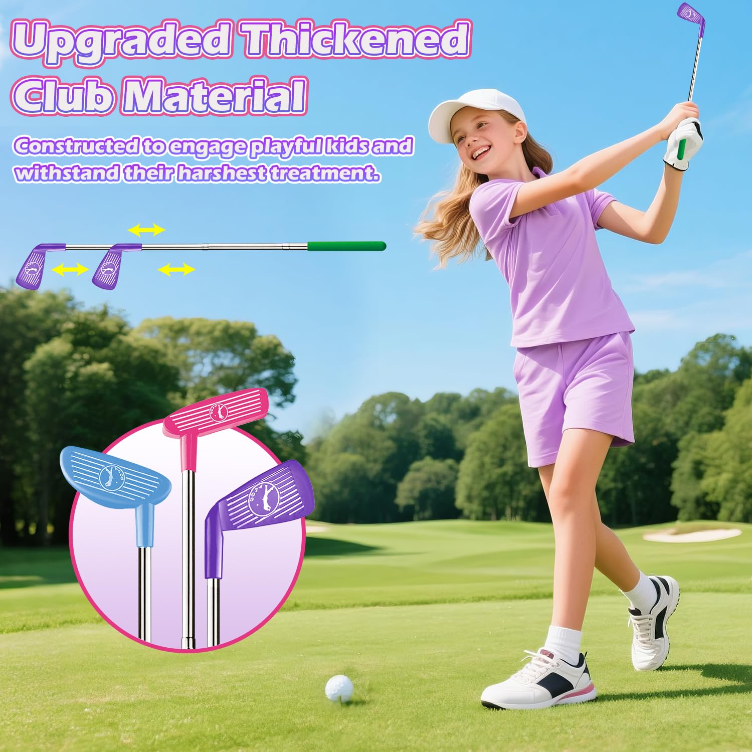 TERRAMUS Set da Golf Giocattolo per Bambini Dinosauro Automatico, Palline da Golf notturne Illuminate a LED, 3 Mazze, Tappetino da Putting,3-8 minigolf,Giocattoli Sportivi da Interno ed Esterno (Rosa)