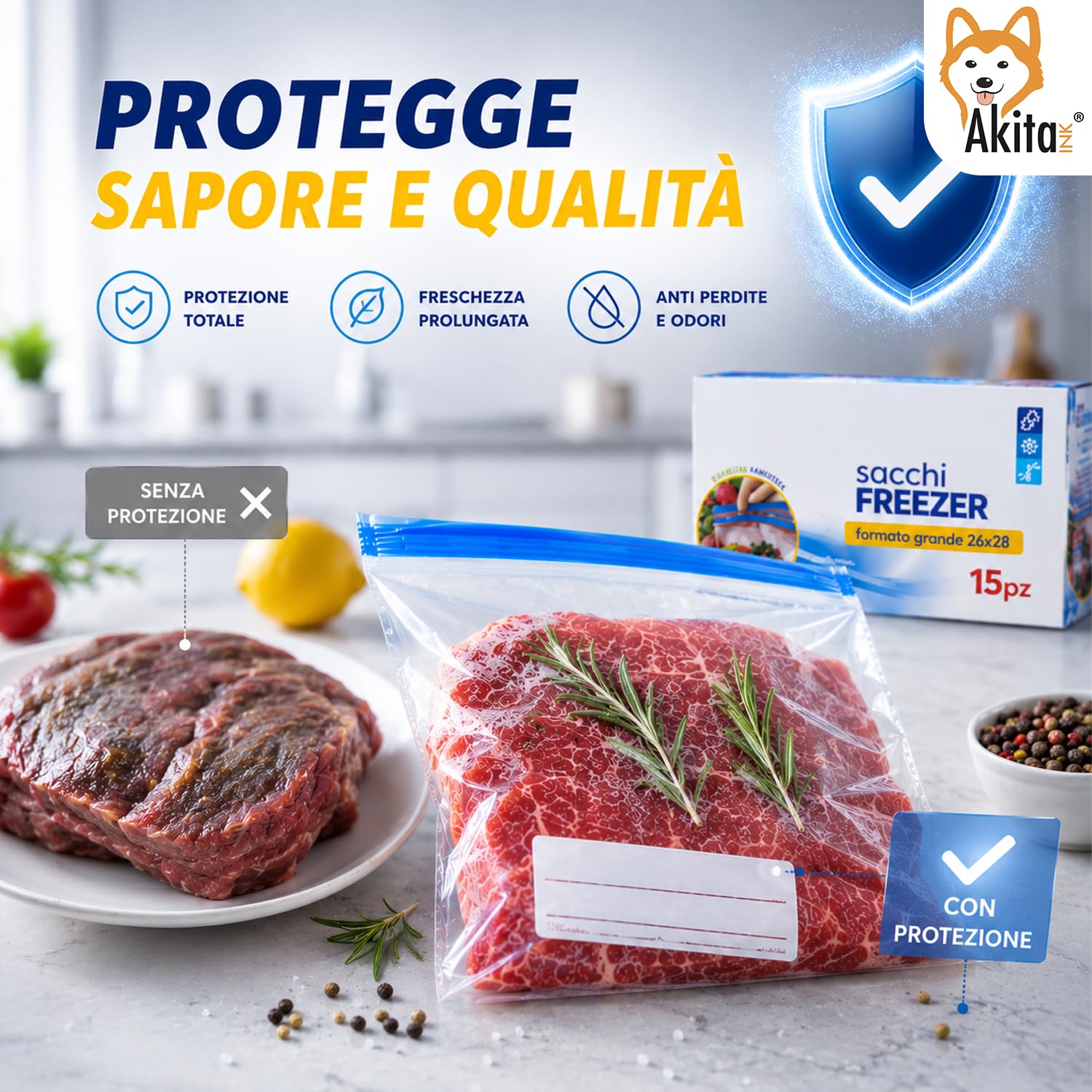 AkitaInk Set 60 Sacchetti Freezer con Chiusura Zip, Buste Gelo Alimentari Richiudibili in 3 Misure Assortite per Conservazione Cibi