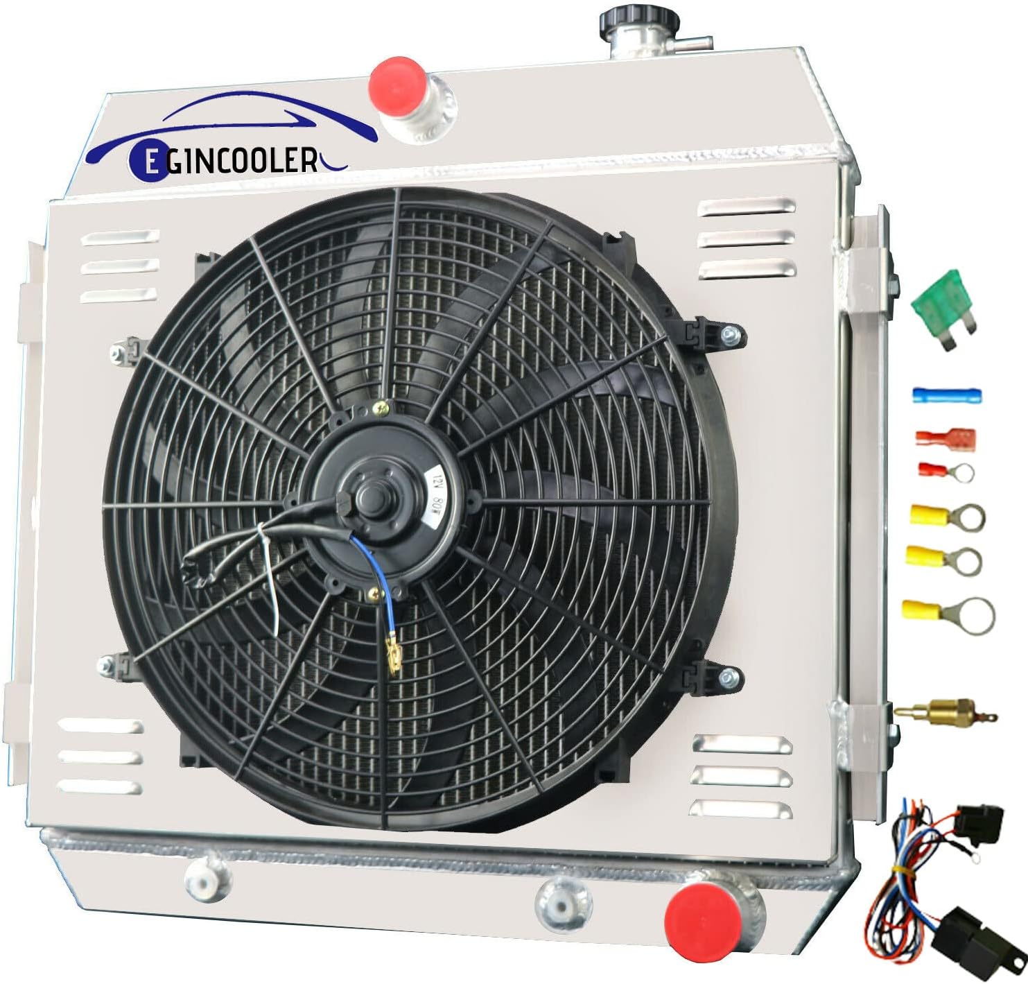 4 Row Core Aluminum Radiator For 1955 1956 1957 Chevy Bel Air One-Fifty Series Two-Ten Sedan Delivery Del Ray Nomad V8 MT MT 55 56 57 MT All Aluminum Radiador + Shroud Fan + Relay