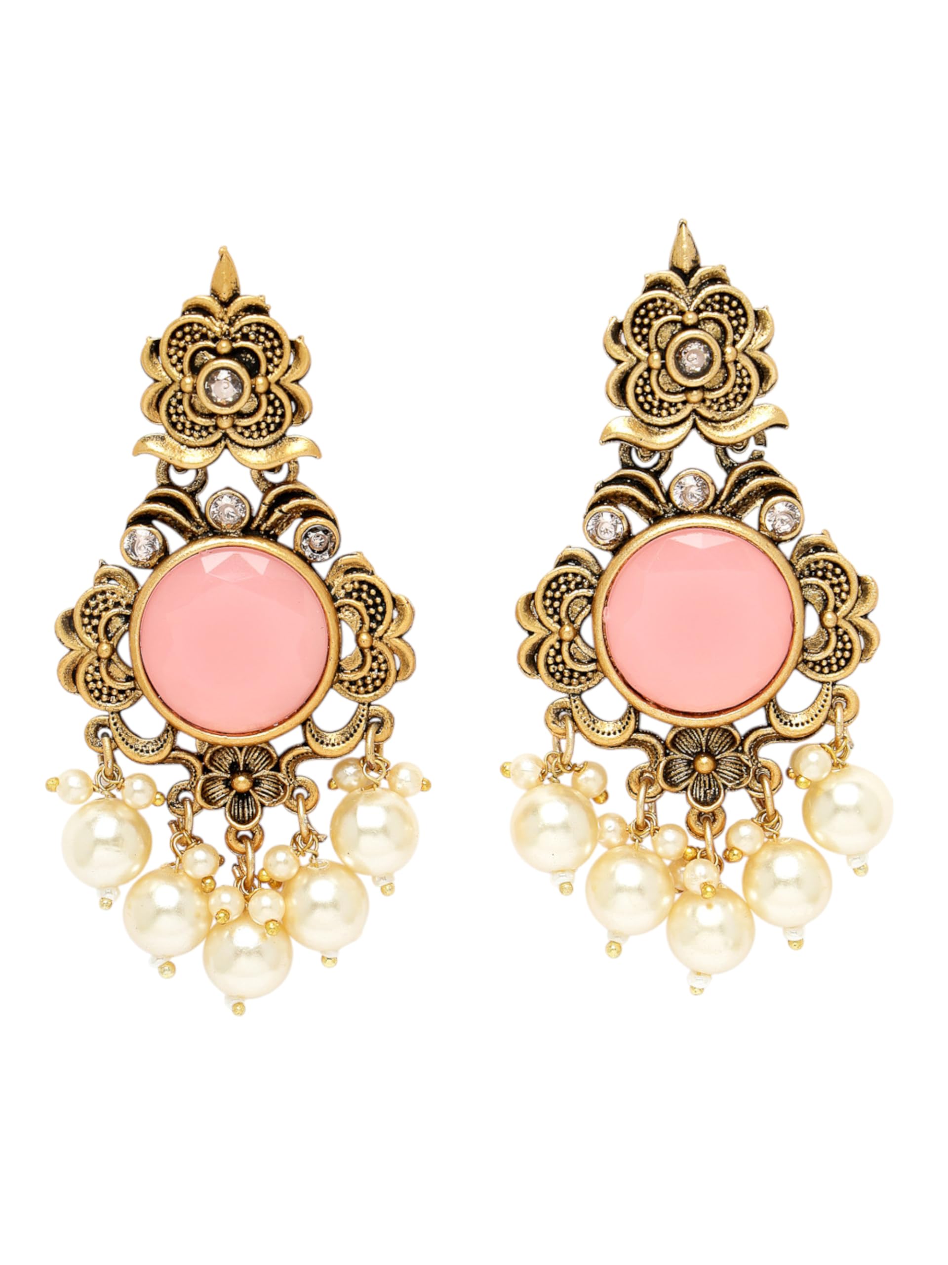 ADIVA Gold-Plated Pink Stone & Pearl Floral Shaped Handcrafted Drop Earrings