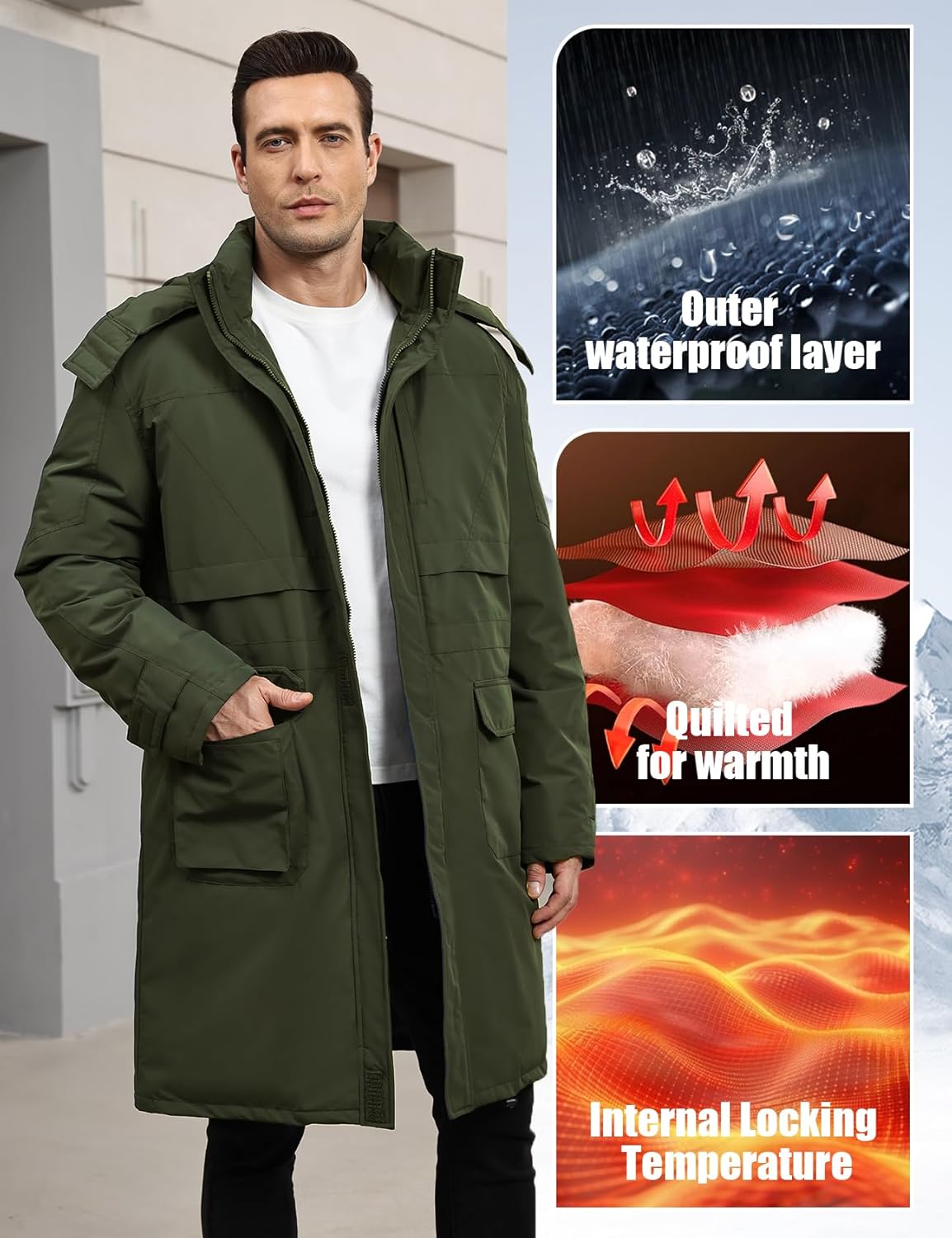 Wyeysyt Mens Long Winter Coats Parka Warm Hooded Quilted Puffer Jacket Thicken Water-Resistant Heavy Outerwear - Image 3