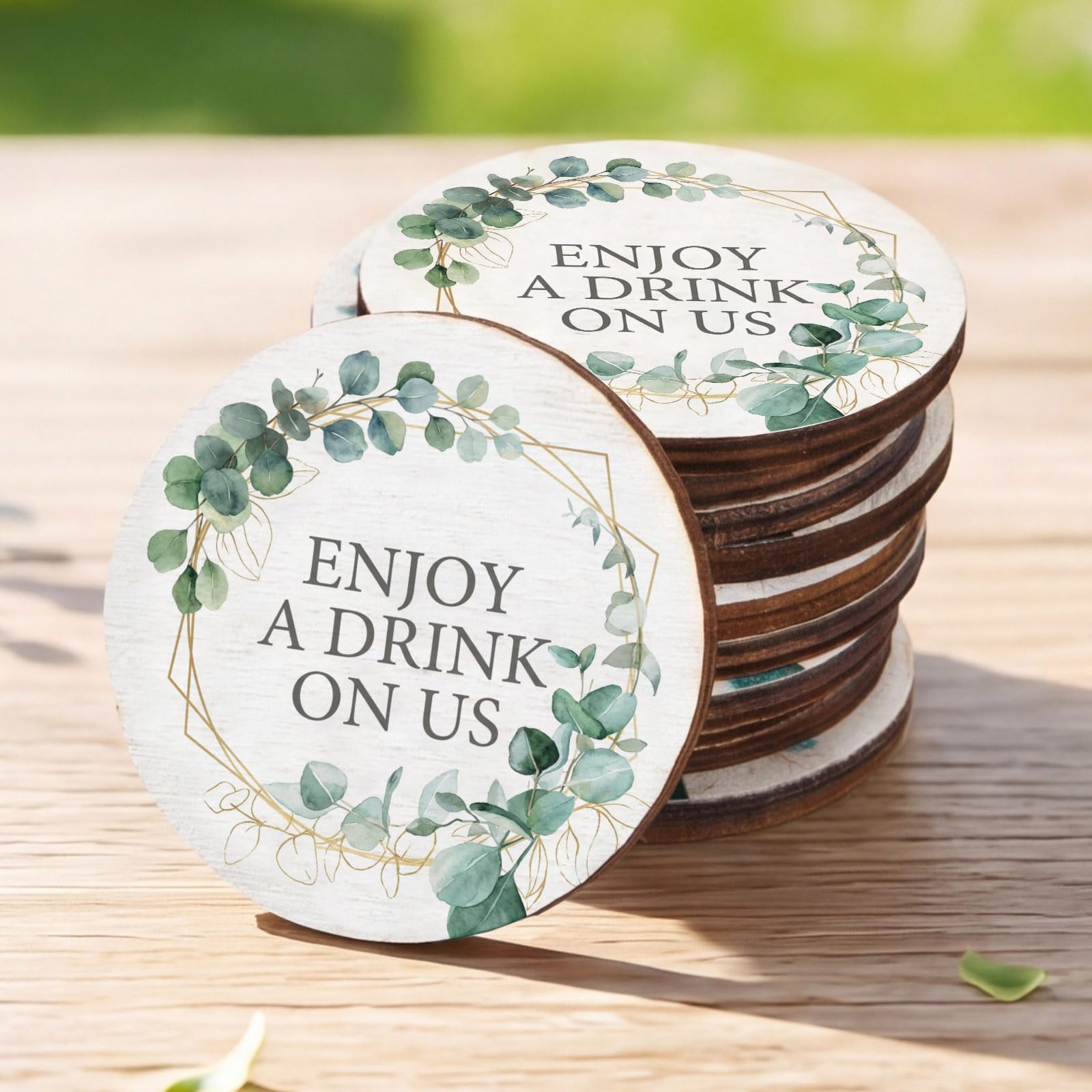 Marsui 50 Pcs Wooden Drink Tokens Bulk for Wedding Personalised Drink Tickets Poker Chips for Guest Wedding Favors Beverage Birthday Parties Bar Table Decoration Supplies (Colored Leaves Pattern) — image 1
