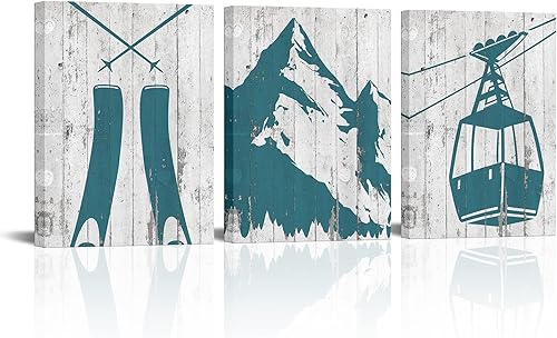 LevvArts Lienzo de esquí de 3 piezas, arte de pared, pintura abstracta de montaña, póster de deportes de invierno, vintage, verde azulado, hogar,