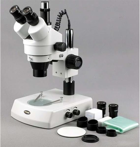 AmScope SM-2TY-DK Professional Trinocular Stereo Zoom Microscope, WH10x Eyepieces, 7X-90X Magnification, 0.7X-4.5X Zoom Objective, Upper and Lower Halogen Lighting, Pillar Stand, 110V-120V, Includes Darkfield Condenser and 2.0X Barlow Lens