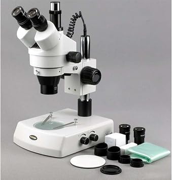 AmScope SM-2TY-DK Professional Trinocular Stereo Zoom Microscope, WH10x Eyepieces, 7X-90X Magnification, 0.7X-4.5X Zoom Objective, Upper and Lower Halogen Lighting, Pillar Stand, 110V-120V, Includes Darkfield Condenser and 2.0X Barlow Lens