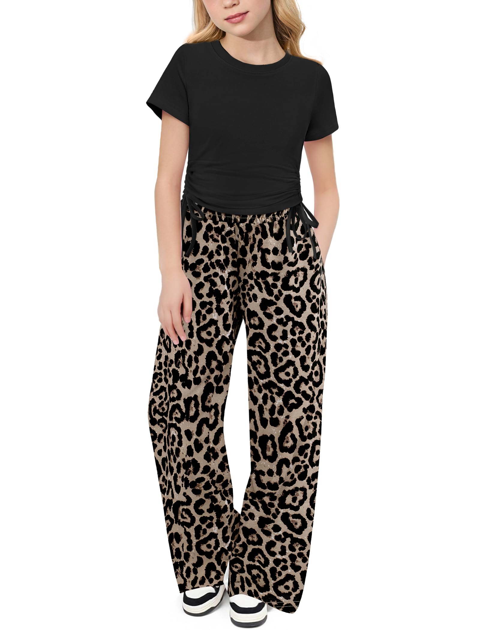 Arshiner Girls' Chic Short Sleeve Ruched Top & Wide Leg Pants Set