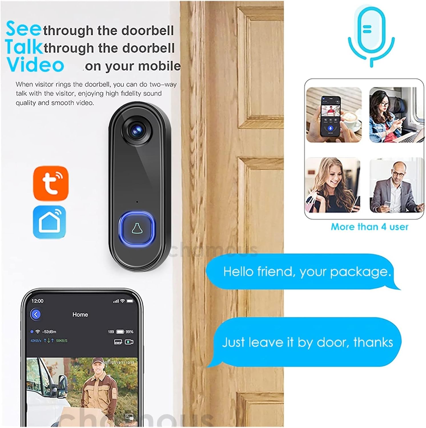 Diagram illustrating two-way audio communication via the doorbell camera