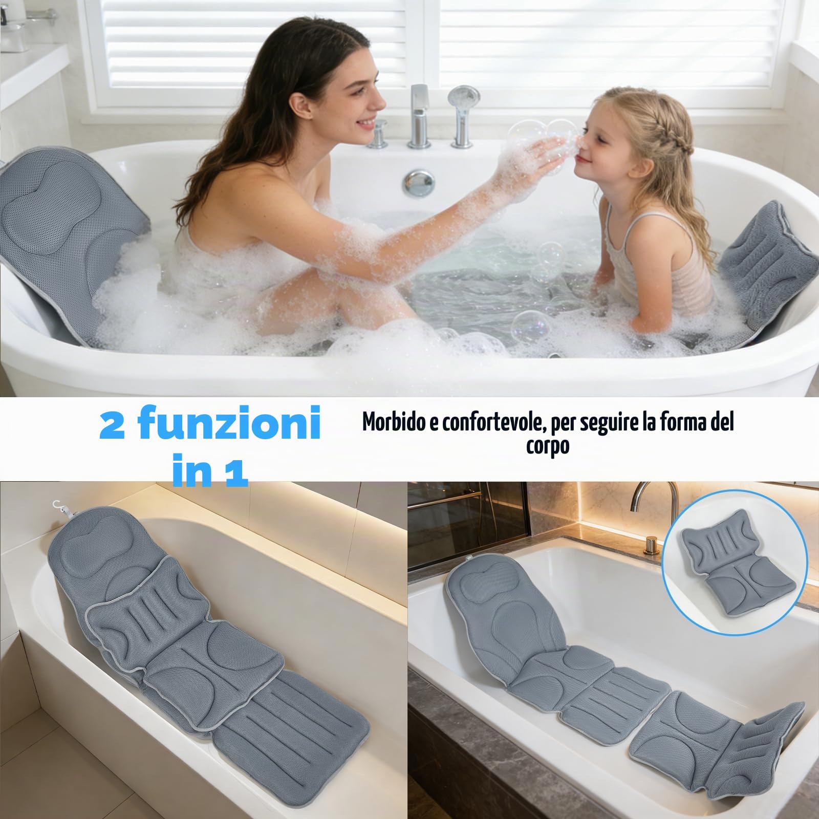 Cuscino per Vasca da Bagno a Corpo Intero, 125×40 cm per Altezza del Corpo 160–180 cm, Adatto Solo per Vasche da Bagno Lisce, Asciugatura Rapida, Amichevole per la Pelle