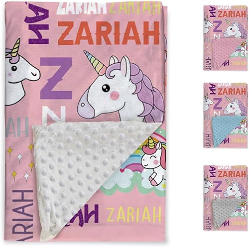 Miniatura 2 de Manta de bebé personalizada, diseño de unicornios con nombre multifuente, manta de franela de felpa suave personalizada con respaldo punteado de