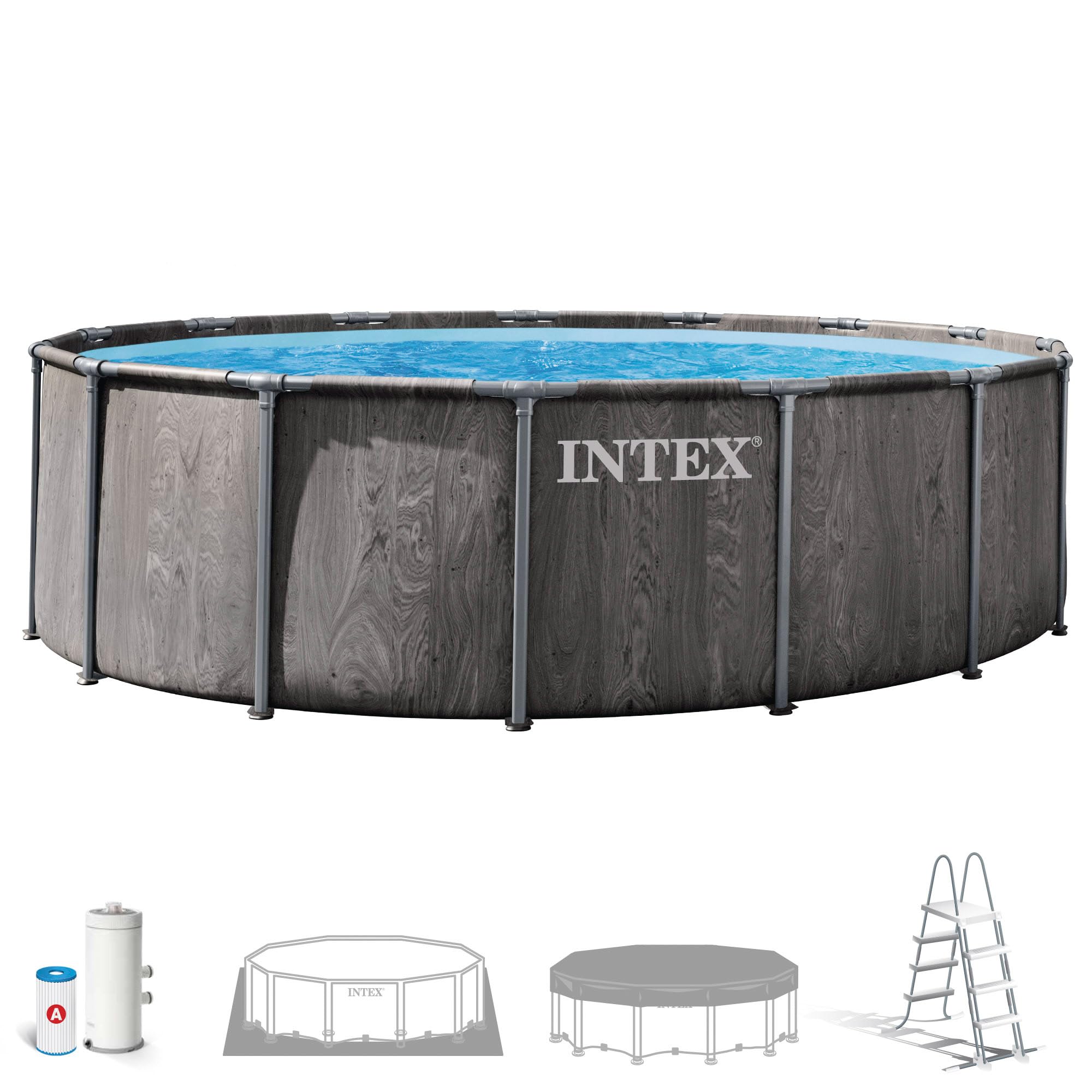 Intex 26742ND 4.57m x1.22m Greywood Prism Frame Premium Pool Set (Includes Filter Pump, Safety Ladder, Ground Cloth, Pool Cover)